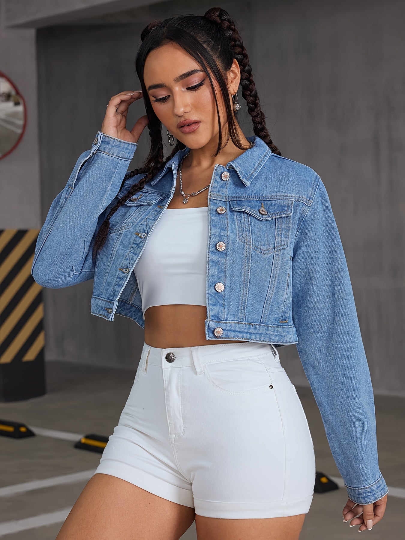 vlovelaw  Blue Long Sleeves Denim Jackets, Single Breasted Button Lapel Crop Denim Coats, Women's Denim Clothing