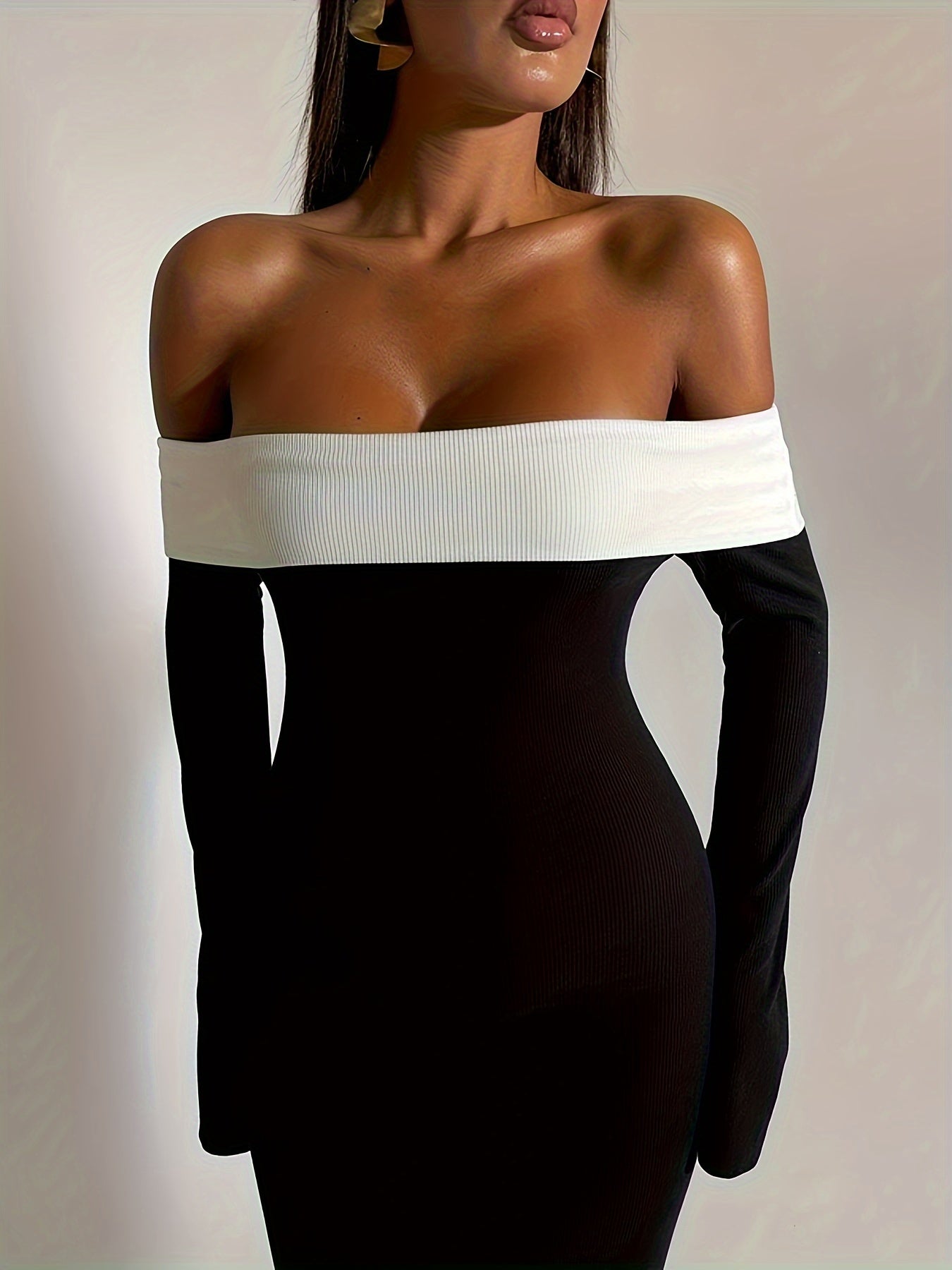 vlovelaw Contrast Trim Off Shoulder Dress, Elegant Long Sleeve Bodycon Maxi Dress For Party & Banquet, Women's Clothing