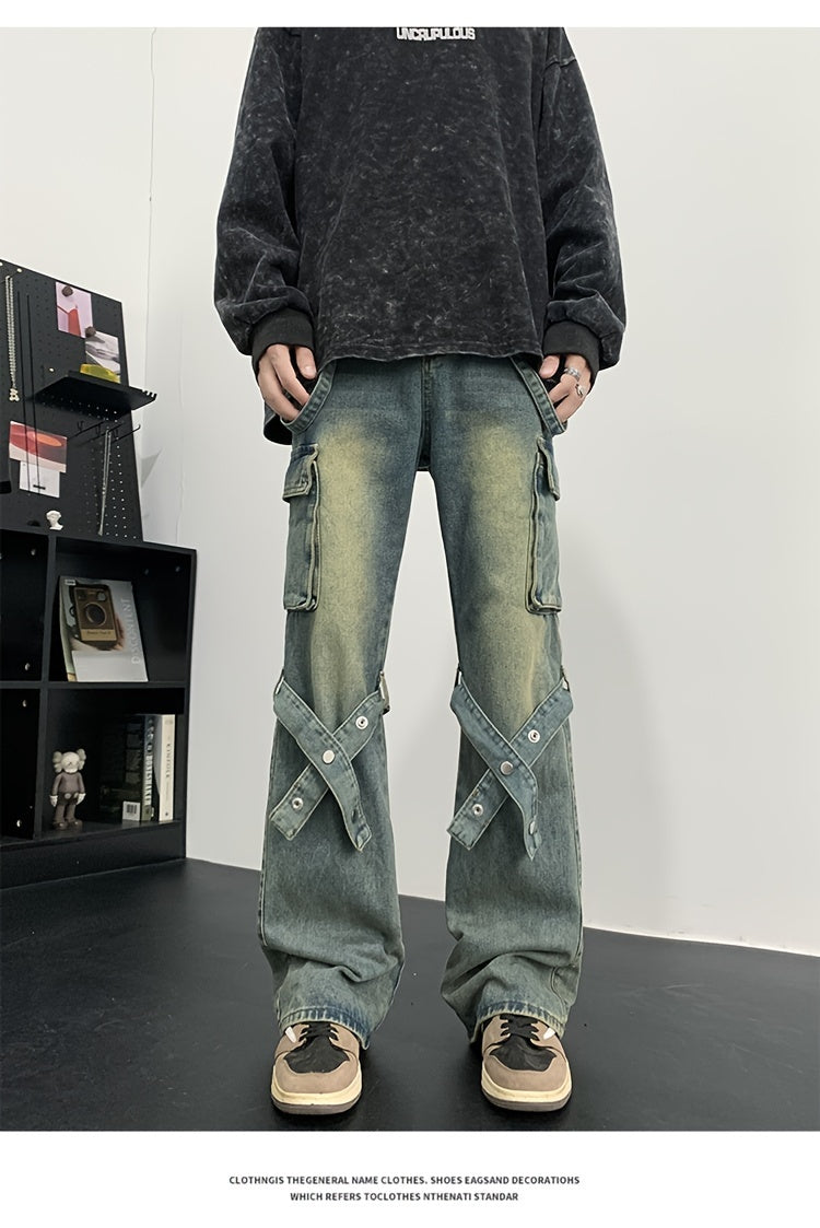 vlovelaw Men's Stylish Vintage Style Loose Denim Cargo Pants With Pockets, Casual Breathable Cotton Blend Straight Leg Jeans For Spring Fall