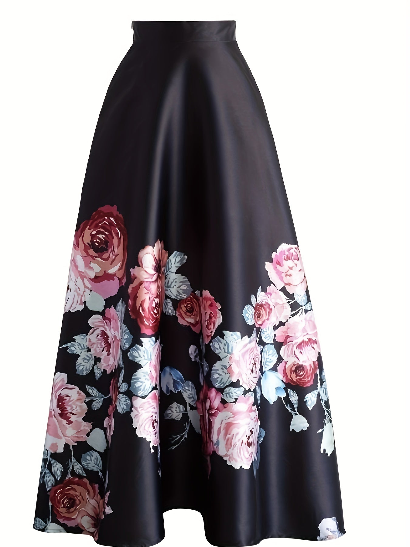 Plus Size Elegant Skirt, Women's Plus Floral Print High Rise Non-stretch A-line Maxi Skirt