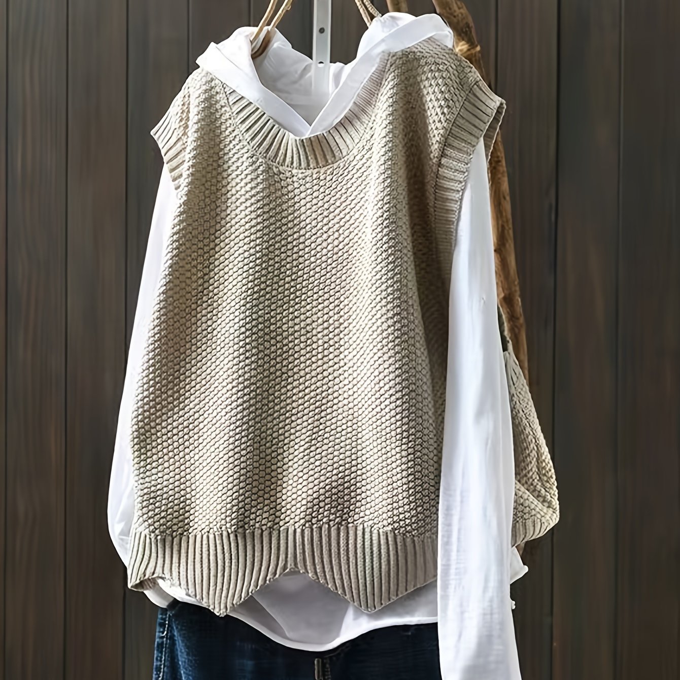 vlovelaw Solid Crew Neck Knitted Vest, Casual Sleeveless Loose Sweater, Women's Clothing