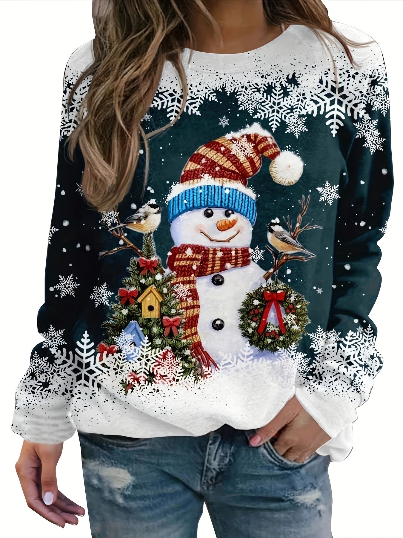 vlovelaw Christmas Snowman Printed Warm Sports Sweatshirts, Long-sleeved Round Neck Casual Sports Pullover Tops For Winter And Autumn, Women's Sporty Sweatshirts