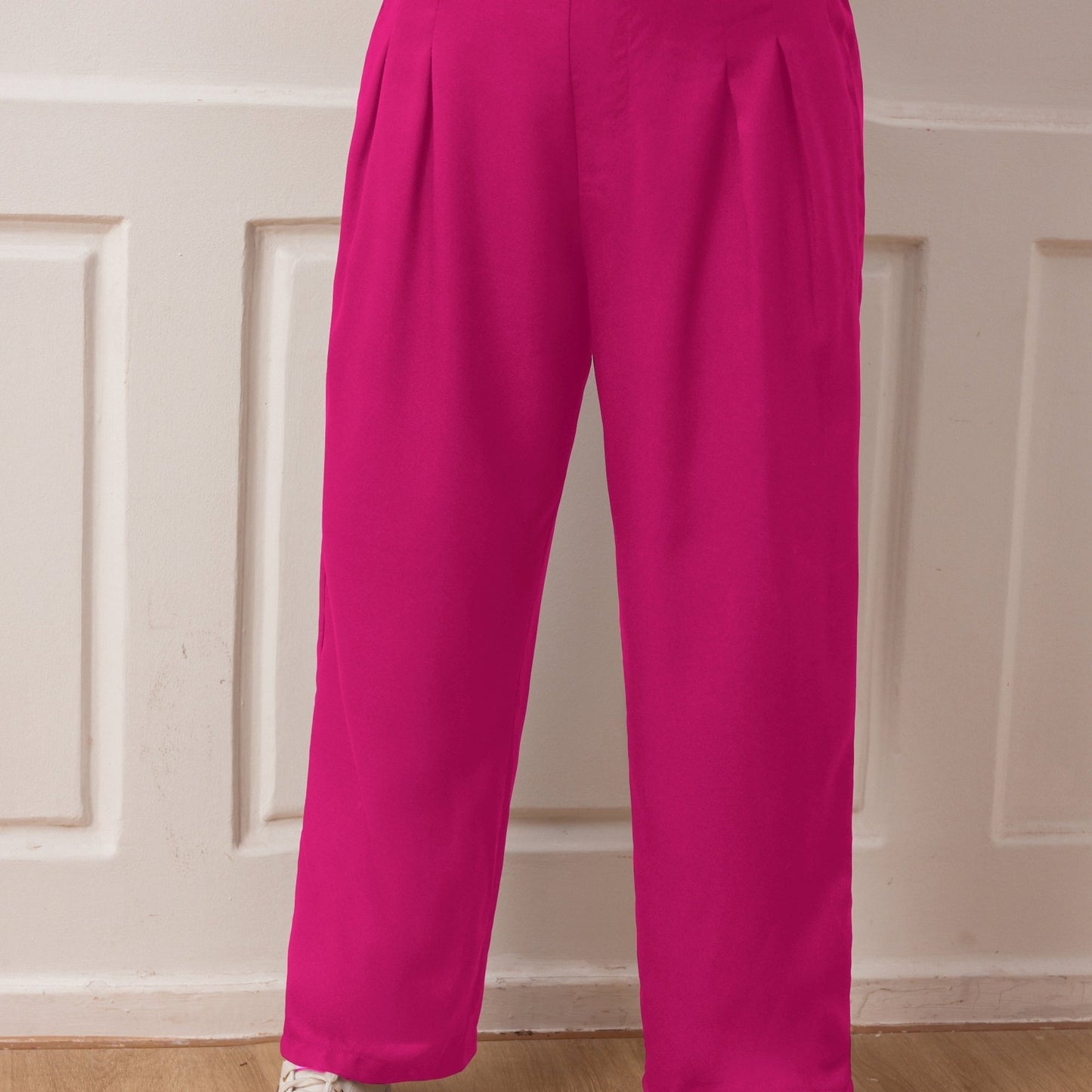 vlovelaw Plus Size Basic Pants, Women's Plus Pleated Elastic Waist Wide Leg Workwear Pants