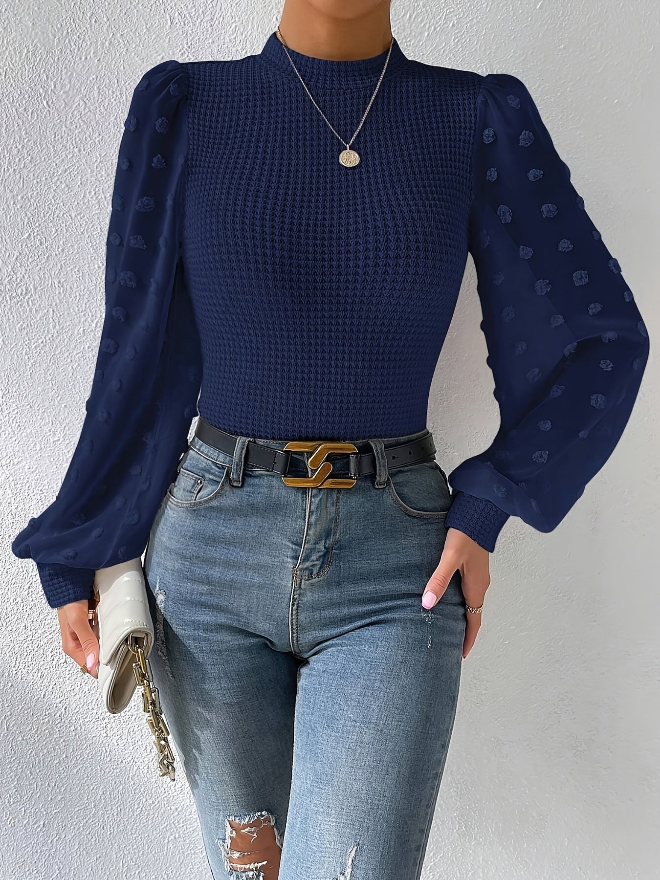 vlovelaw Swiss Dot Mock Neck Blouse, Casual Long Lantern Sleeve Blouse For Spring & Fall, Women's Clothing