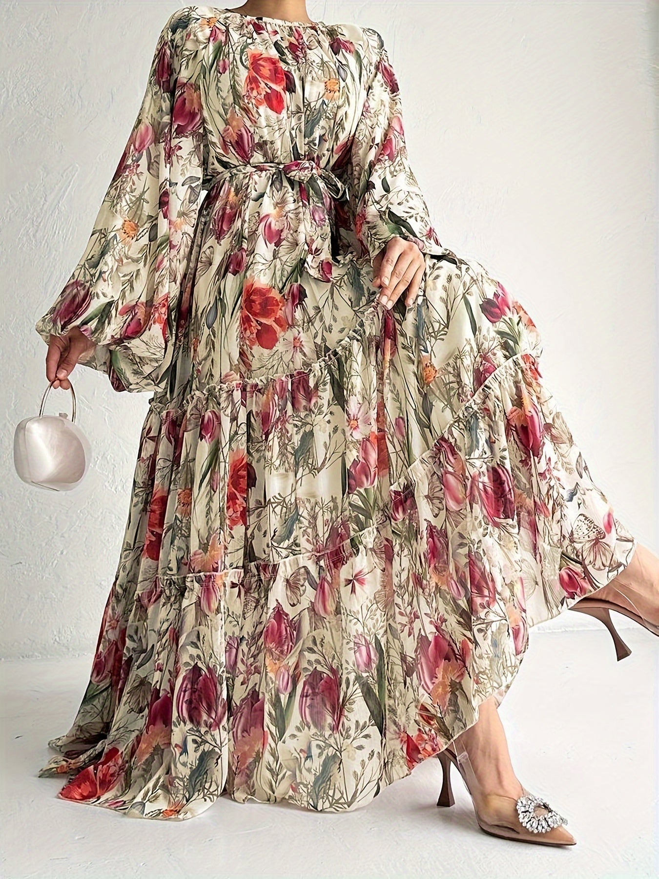 vlovelaw Floral Print Crew Neck Dress, Casual Lantern Sleeve Belted Dress, Women's Clothing
