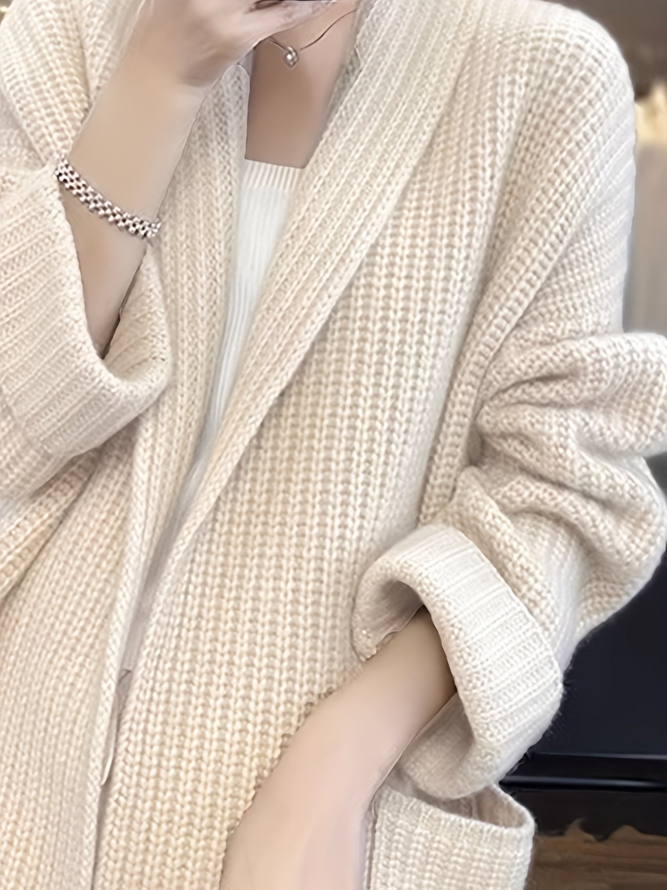 vlovelaw Solid Open Front Knit Cardigan, Casual Long Sleeve Drop Shoulder Sweater With Pocket, Women's Clothing