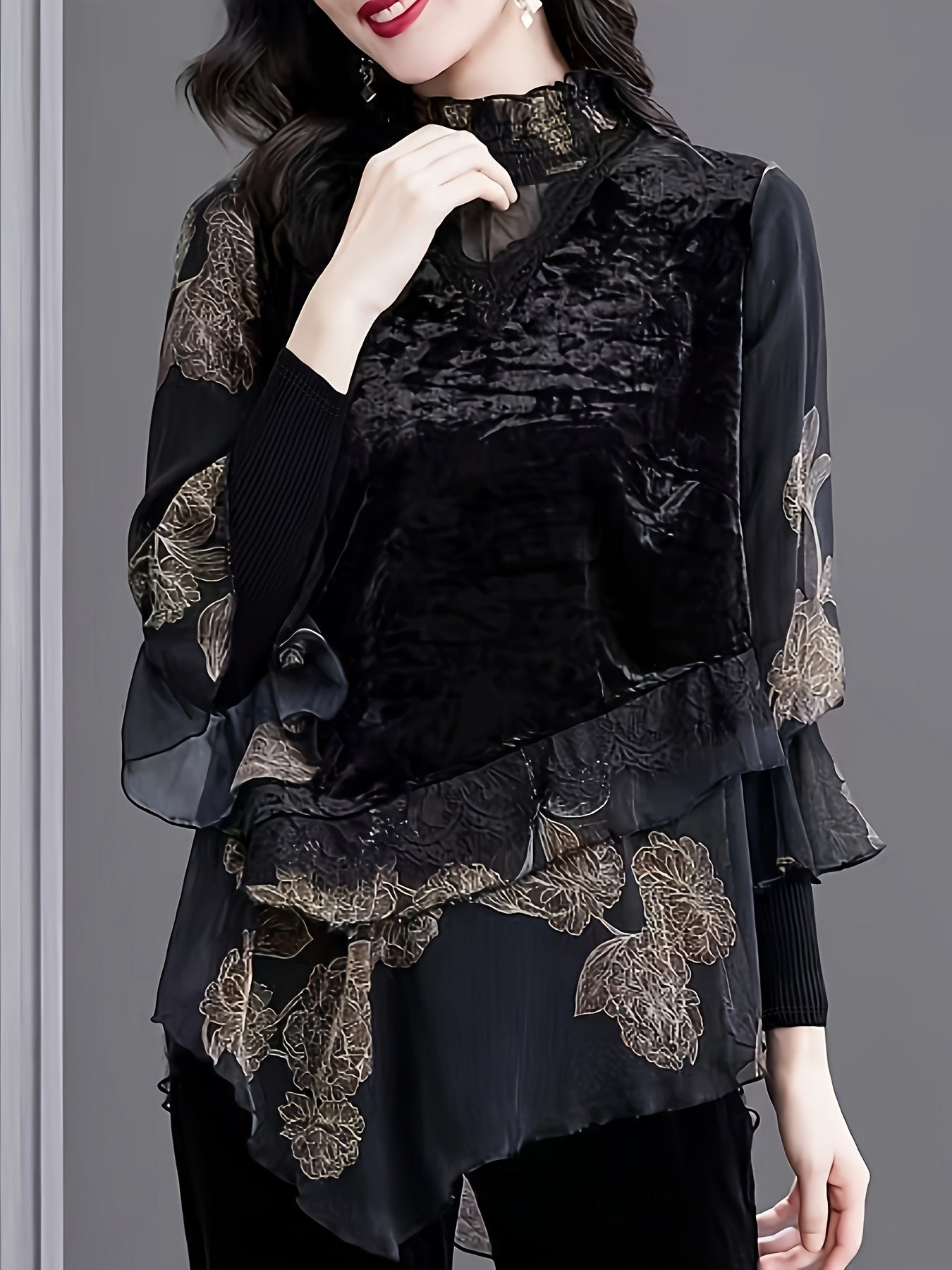 vlovelaw Floral Print Layered Splicing Velvet Tunics, Vintage Asymmetrical Hem Top For Spring & Fall, Women's Clothing