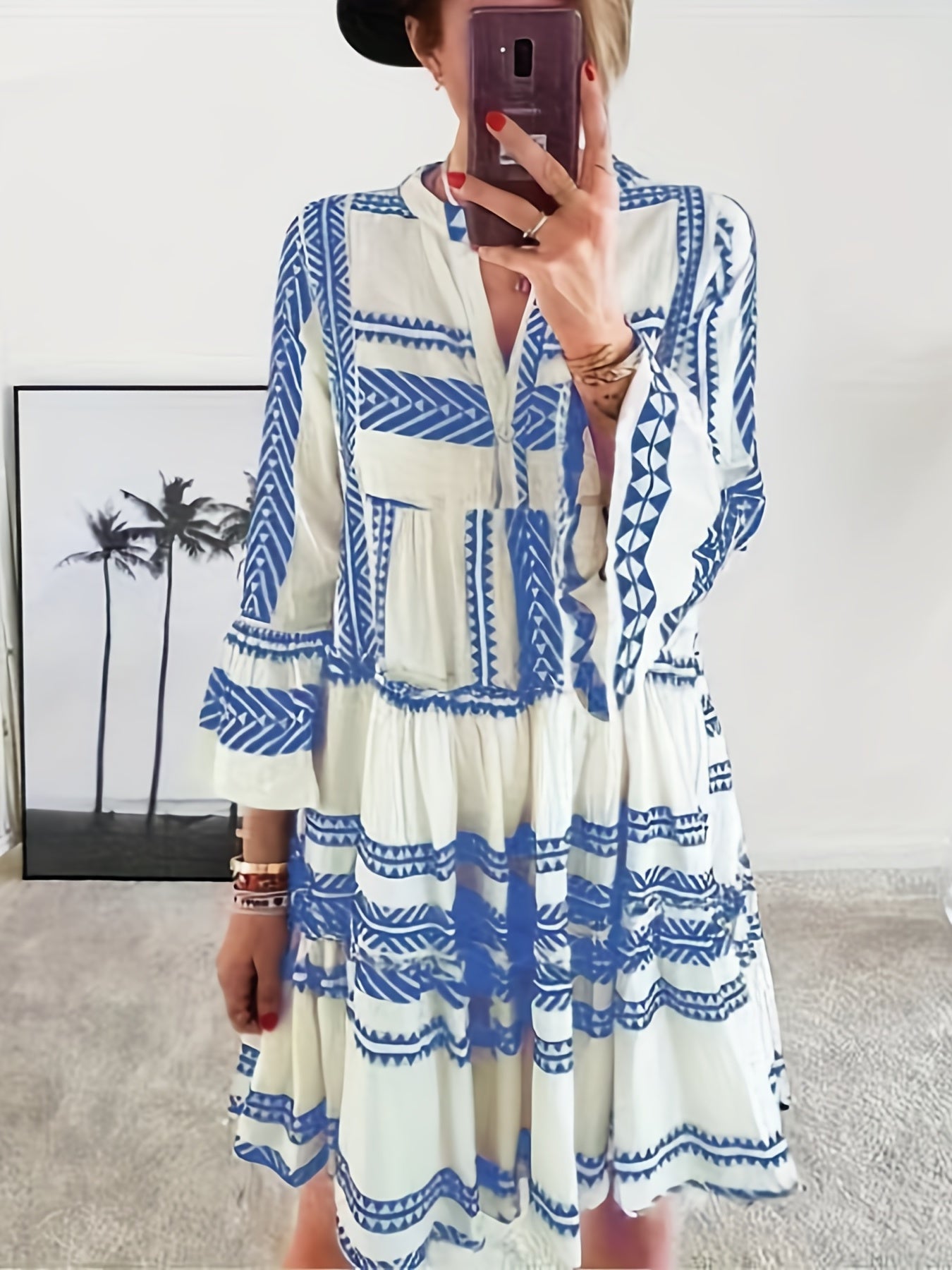 vlovelaw Tribal Print Dress, Vacation Pleated Flared Sleeve Dress, Women's Clothing