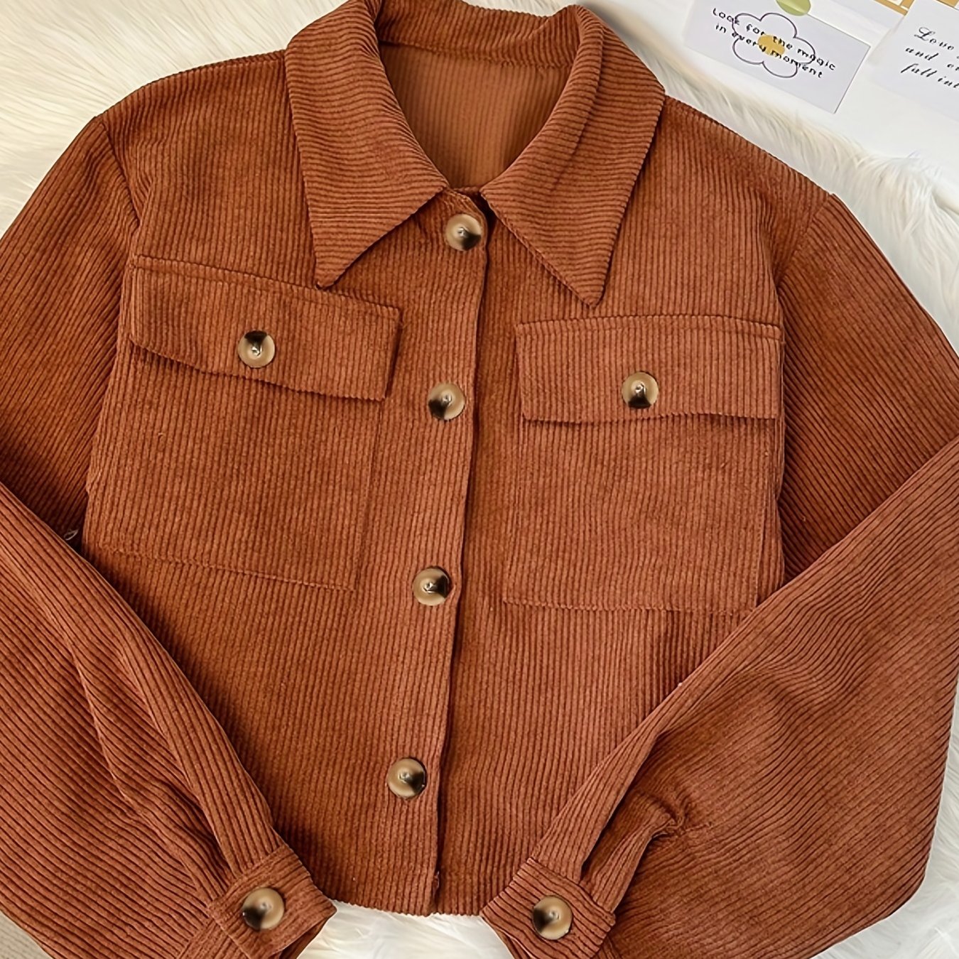 Flap Pockets Corduroy Crop Jacket, Casual Long Sleeve Jacket For Fall & Winter, Women's Clothing