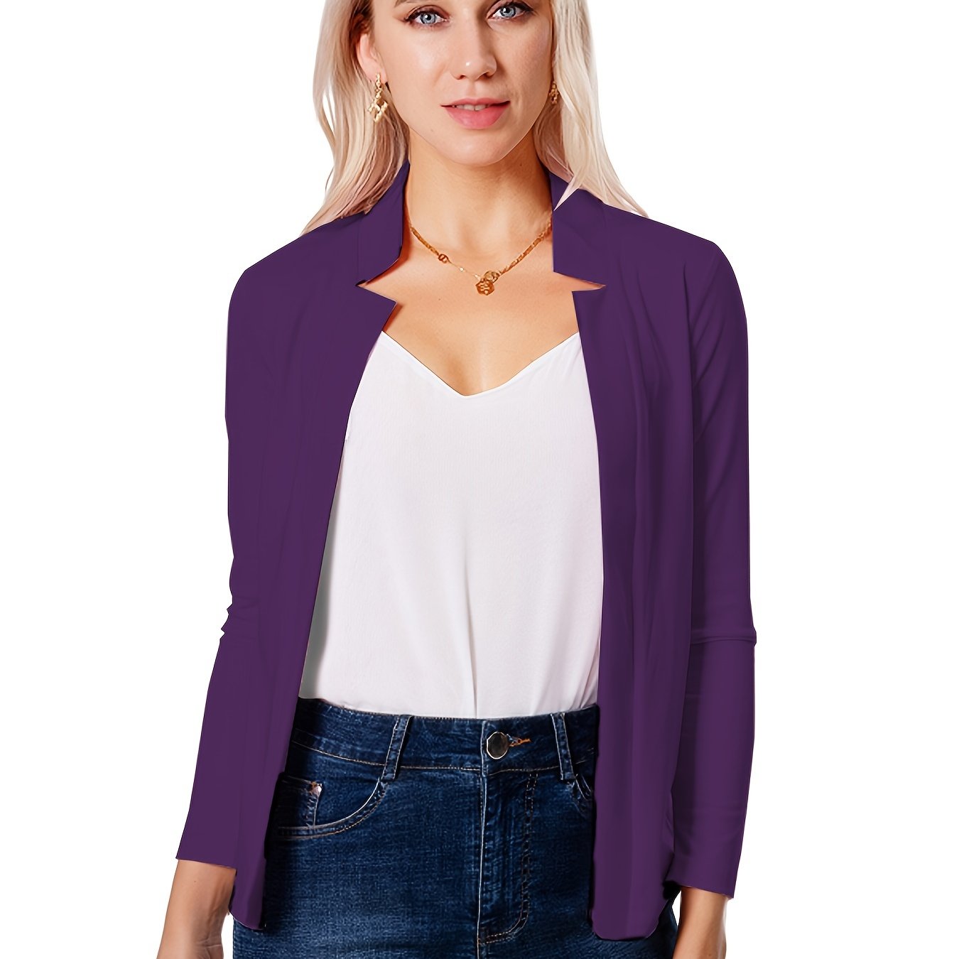 Solid Open Front Blazer, Elegant Long Sleeve Blazer For Office & Work, Women's Clothing
