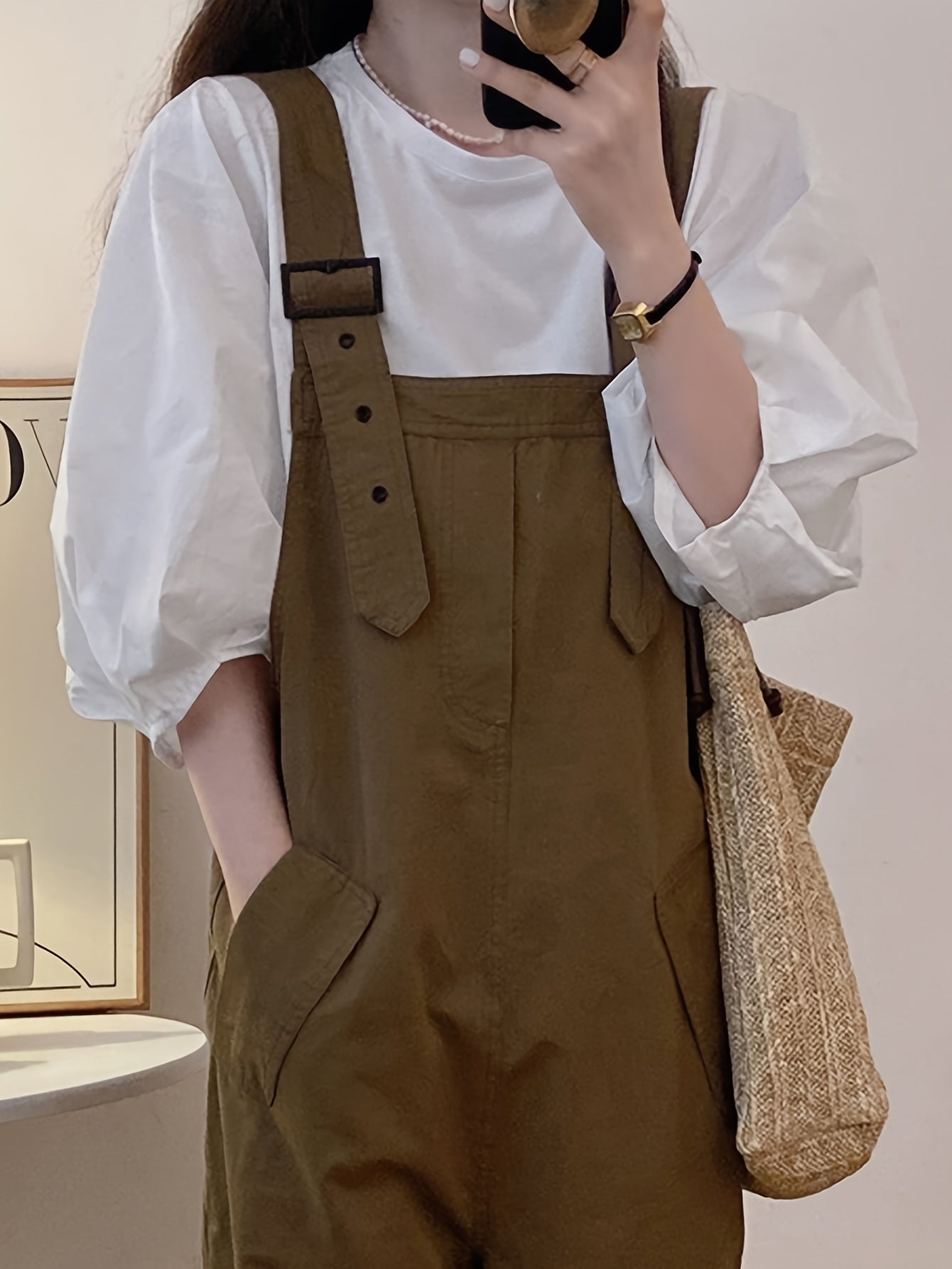 vlovelaw Solid Color Crew Neck Blouse, Casual Three-quarter Sleeve Blouse For Spring & Summer, Women's Clothing