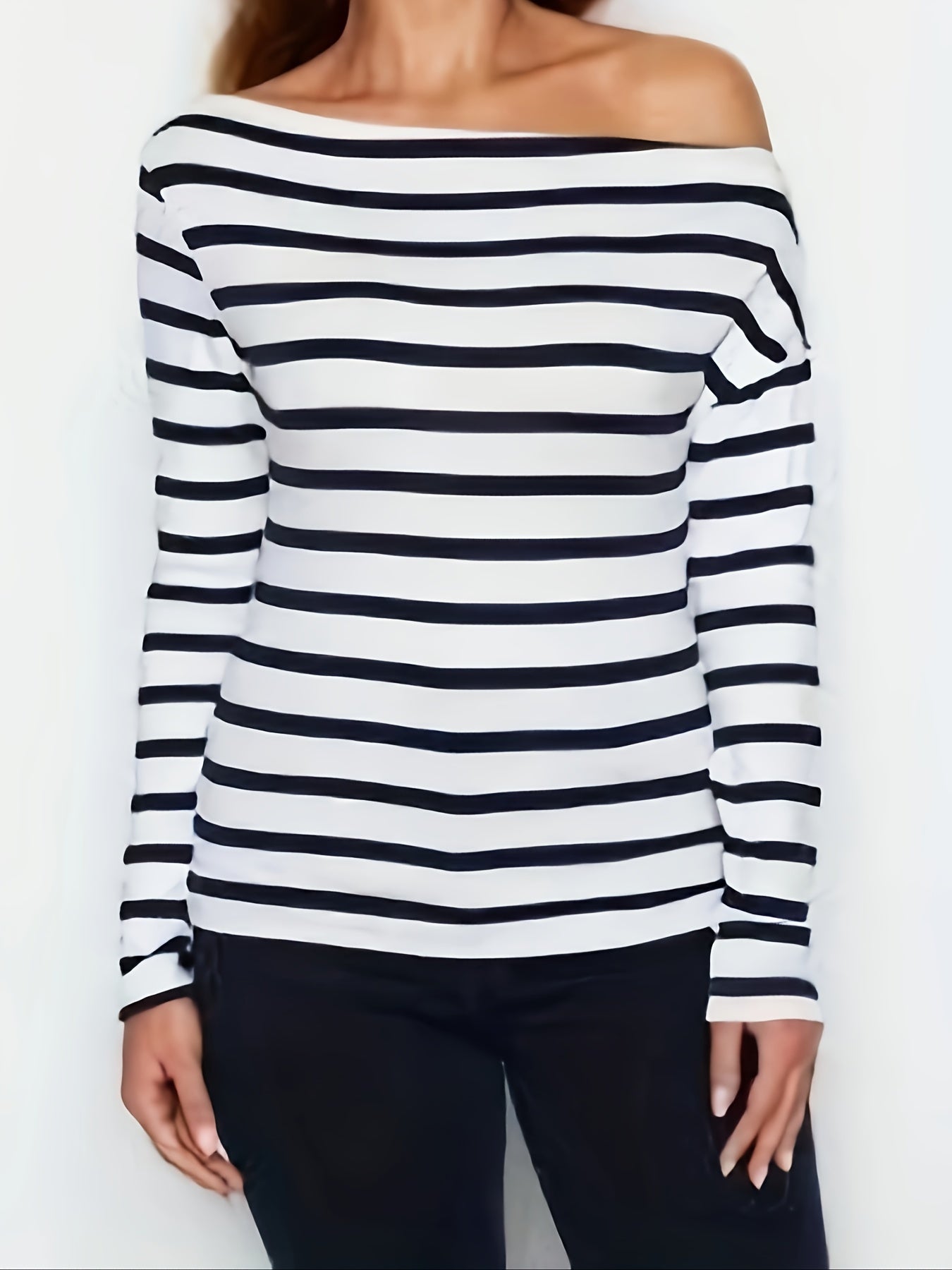 Striped Print One Shoulder T-Shirt, Long Sleeve Top For Spring & Fall, Women's Clothing