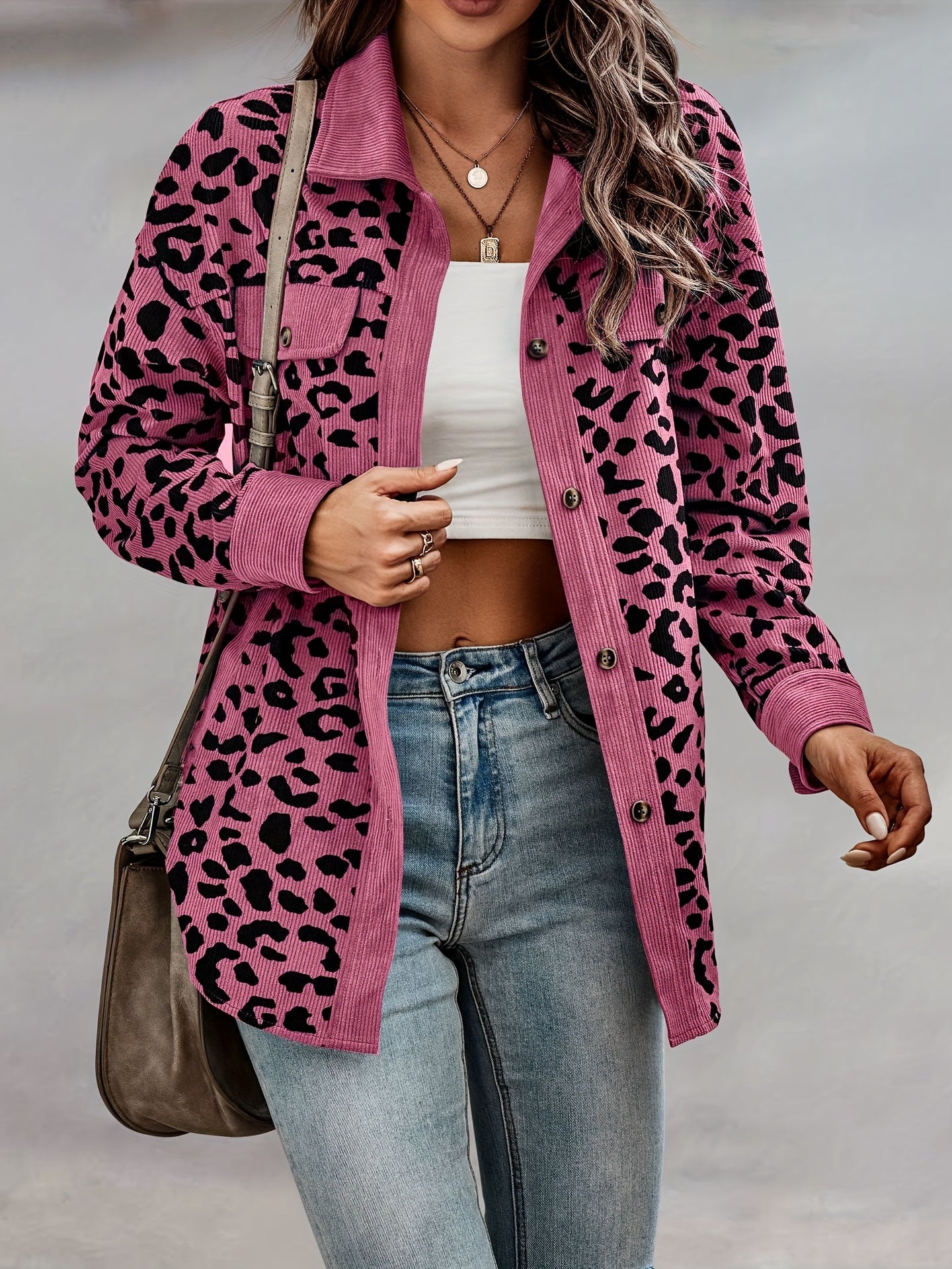 vlovelaw Leopard Print Shacket Jacket, Casual Button Front Turn Down Collar Long Sleeve Outerwear, Women's Clothing