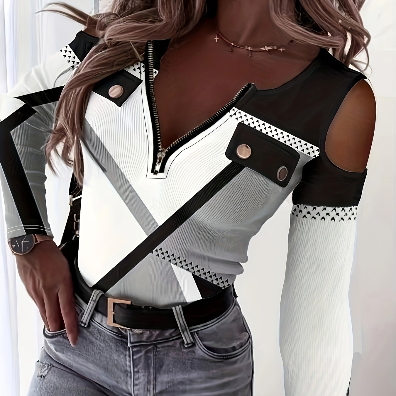 vlovelaw Zipper Color Block T-shirt, Casual Cold Shoulder Long Sleeve T-shirt, Women's Clothing