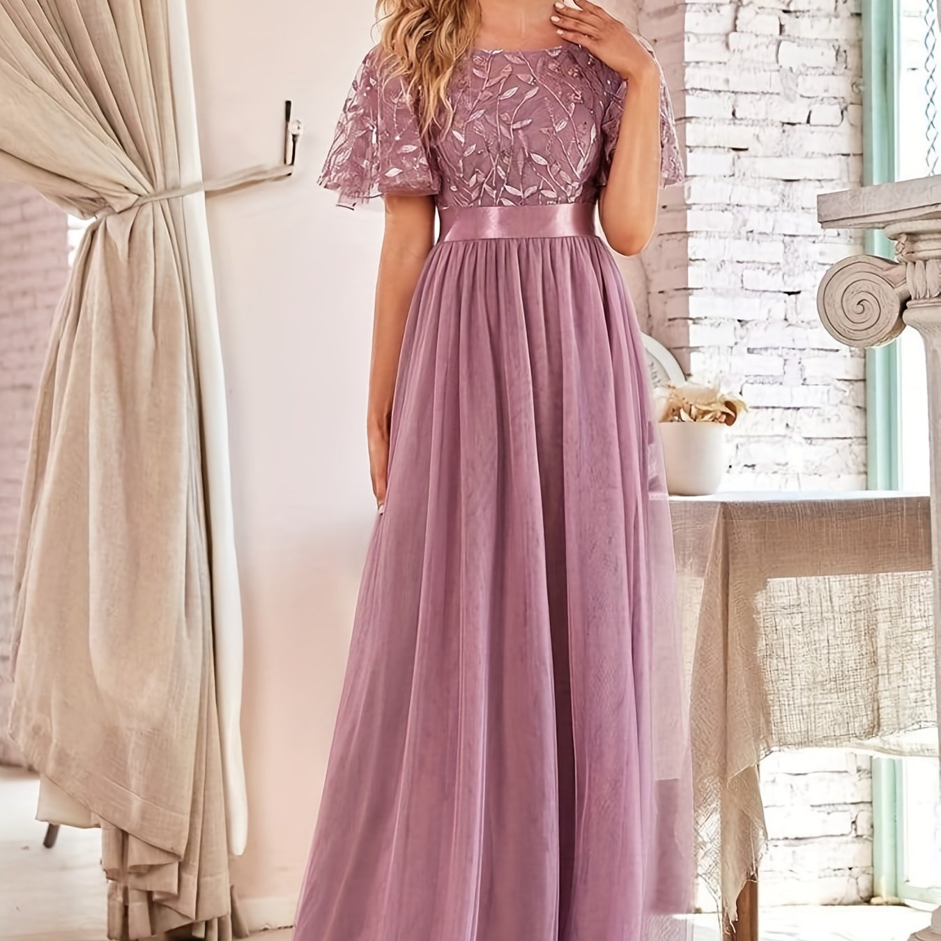 vlovelaw Contrast Mesh Solid Dress, Elegant Crew Neck Short Sleeve Maxi Evening Party Dress, Women's Clothing