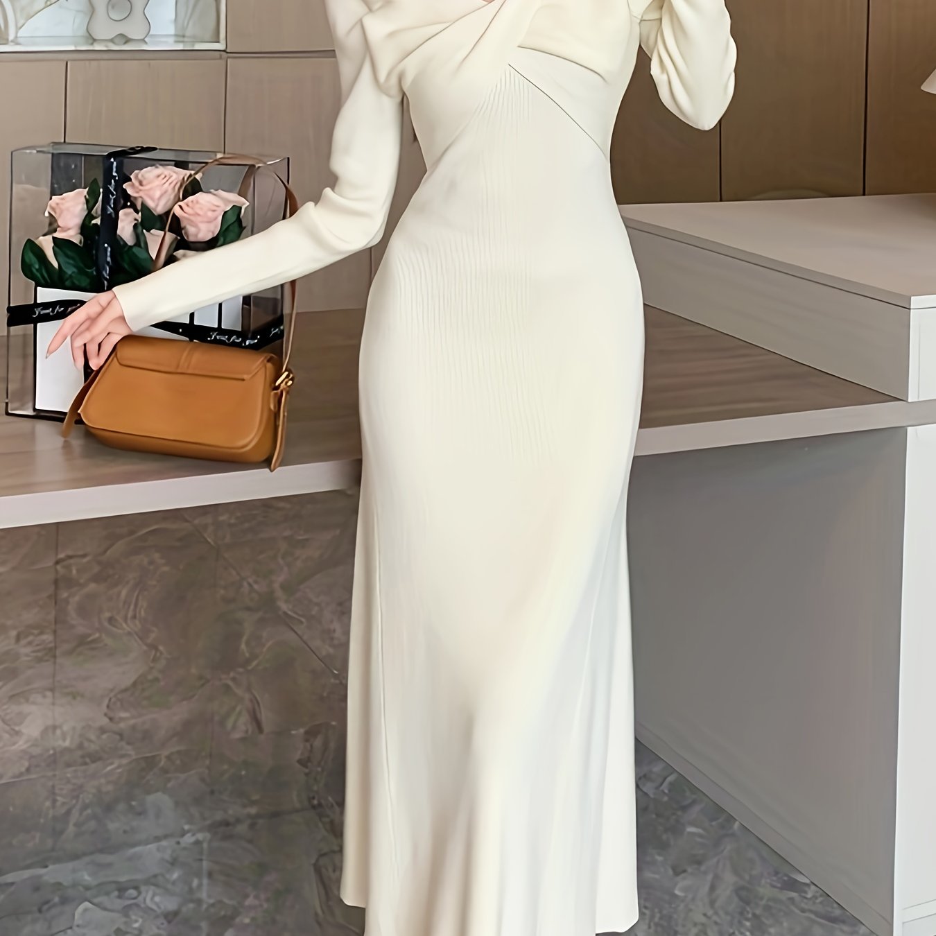 vlovelaw Bodycon Halter Neck Dress, Elegant Long Sleeve Dress For Party & Banquet, Women's Clothing