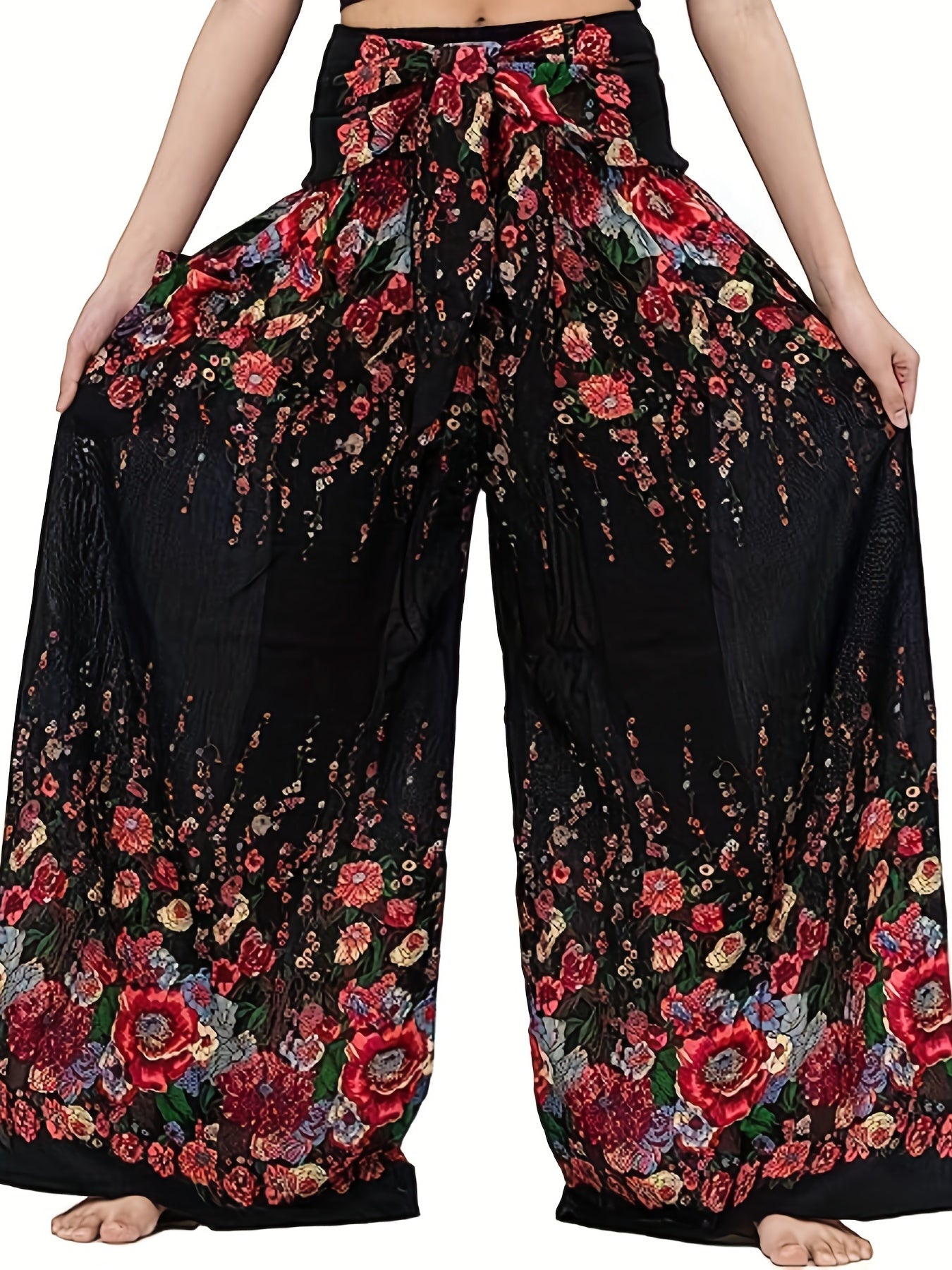 Plus Size Boho Pants, Women's Plus Floral Print High Rise Wide Leg Trousers With Belt