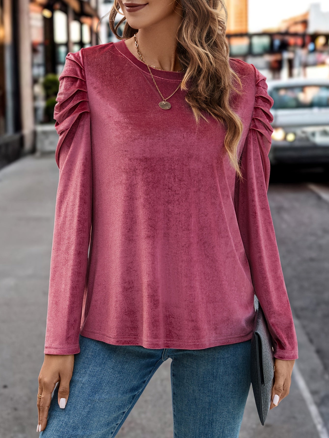 Solid Velvet Crew Neck Blouse, Casual Long Puff Sleeve Blouse For Spring & Fall, Women's Clothing