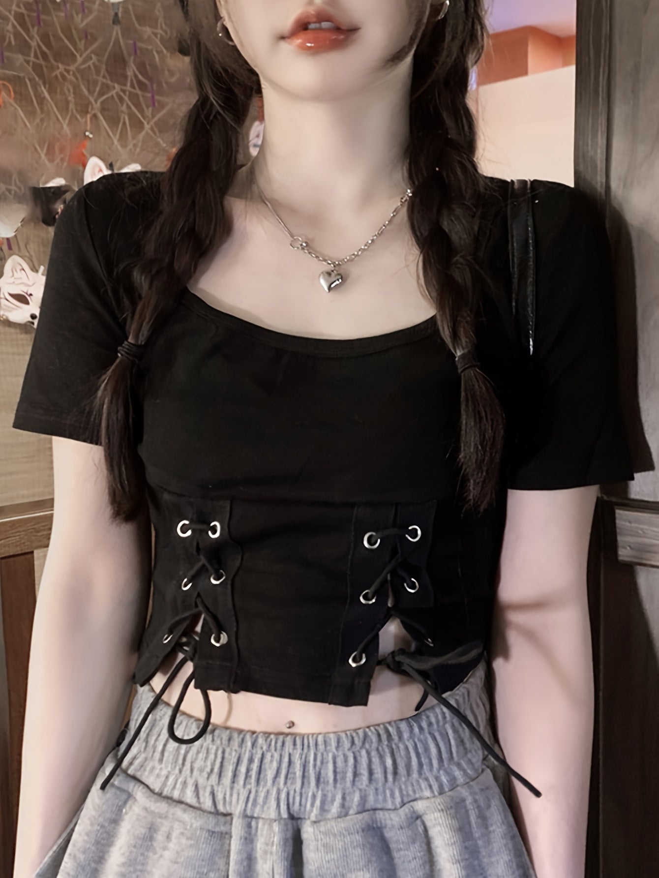 vlovelaw Solid Cross Tie Front Crop T-Shirt, Casual Crew Neck Short Sleeve T-Shirt For Spring & Summer, Women's Clothing