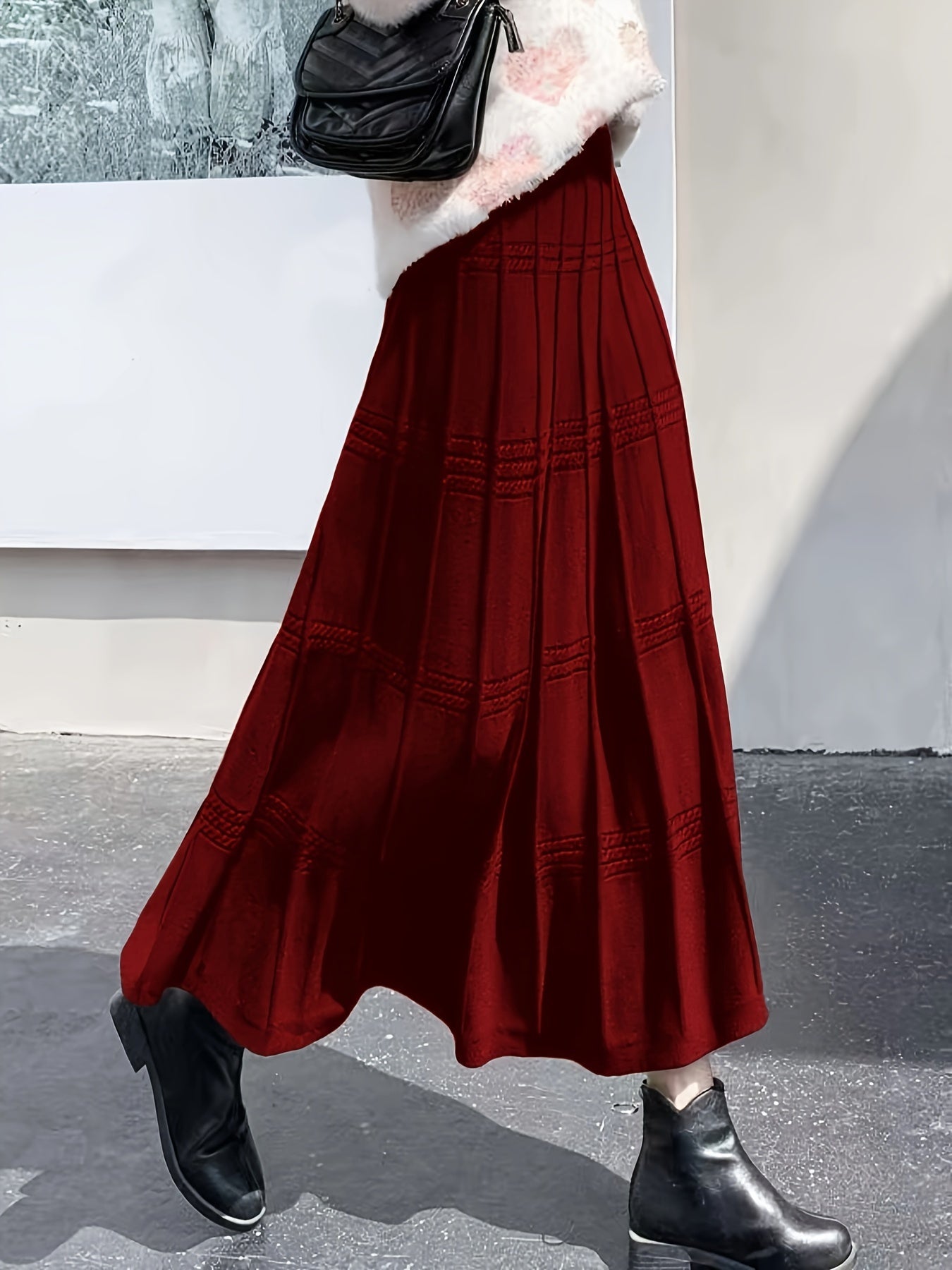 Solid Color Knit Tucked Skirt, Casual Ankle Length Skirt For Fall & Winter, Women's Clothing