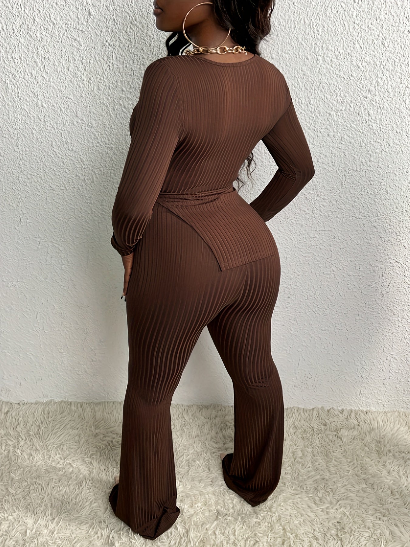 vlovelaw Casual Ribbed Solid Color Pants Set, Sweetheart Neck Long Sleeve Split Hem Top & Flare Leg Pants Outfits, Women's Clothing