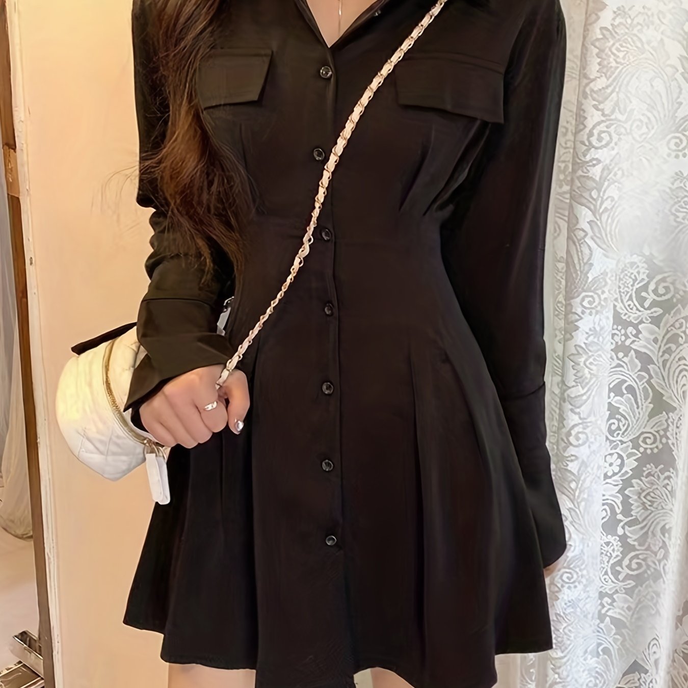 vlovelaw Button Front Tucked Dress, Casual Solid Long Sleeve Collared Shirt Dress, Women's Clothing
