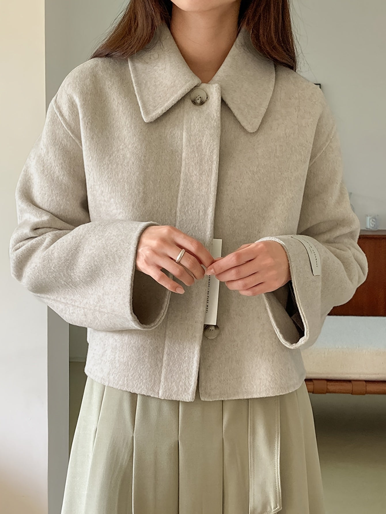 vlovelaw Button Front Lapel Neck Jacket, Casual Solid Color Long Sleeve Coat For Fall & Winter, Women's Clothing