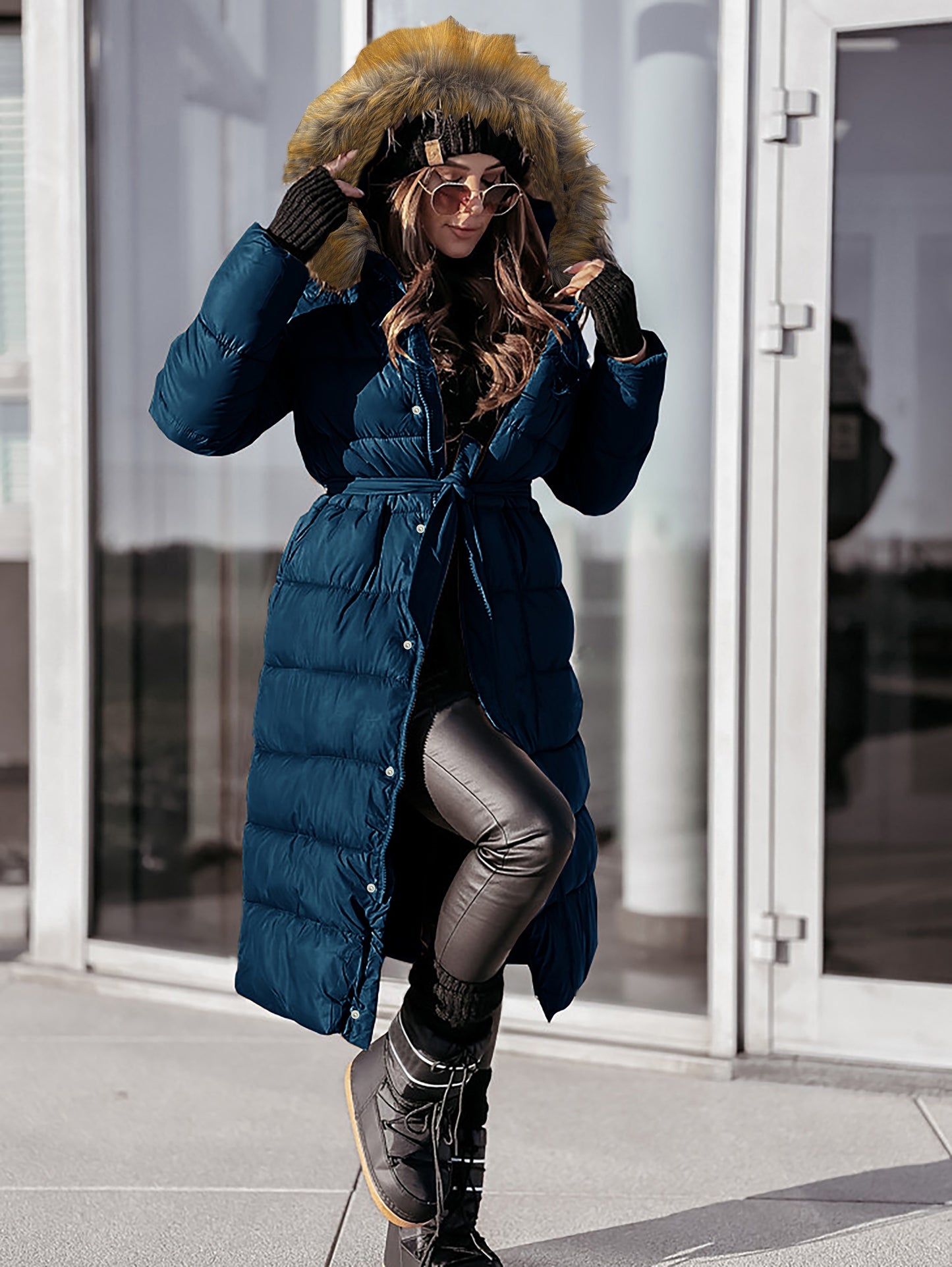 Zip Front Long Sleeve Hooded Padded Coat, Casual Solid Color Quilted Padded Coat For Fall & Winter, Women's Clothing