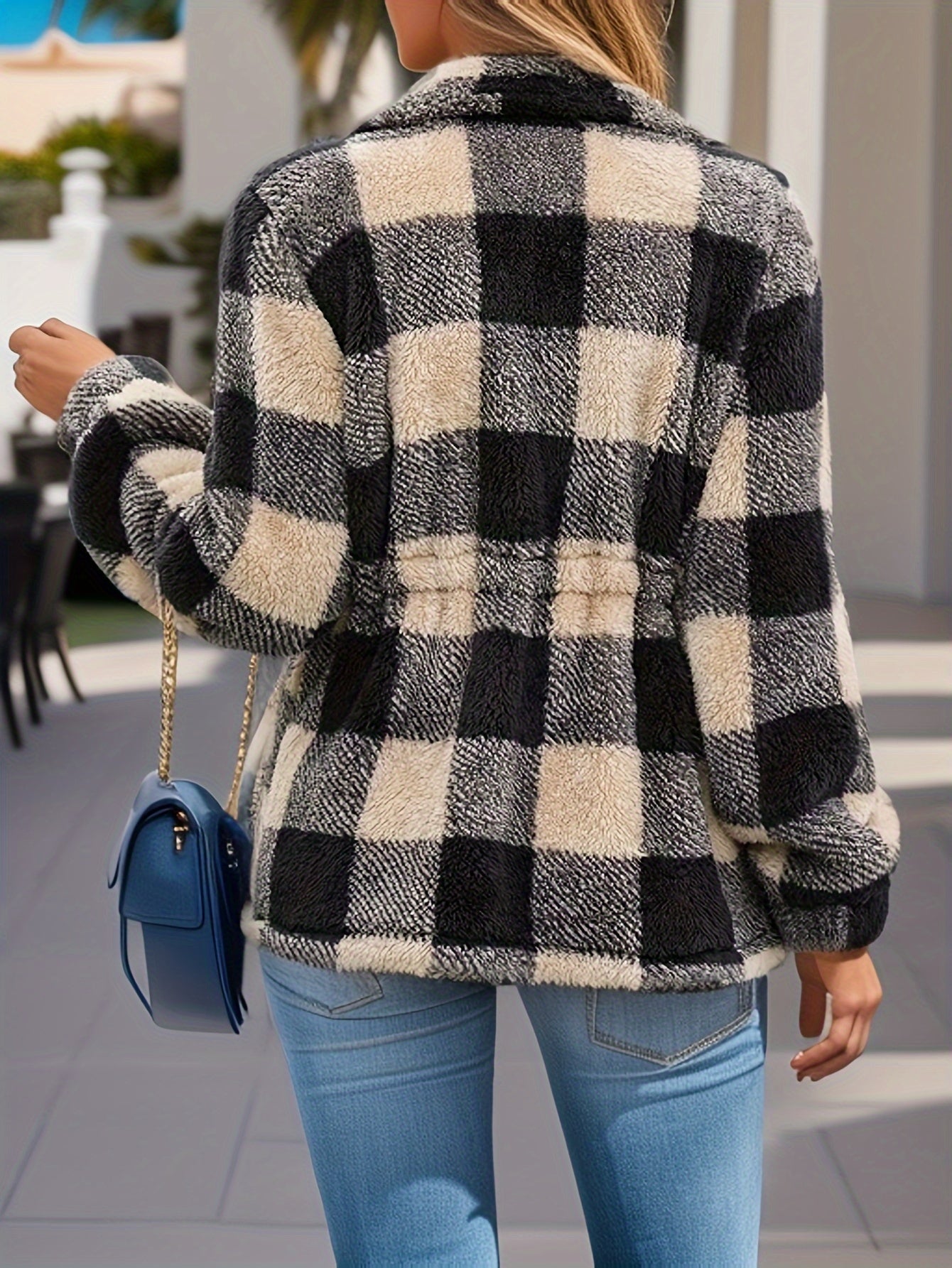 vlovelaw Plaid Pattern Drawstring Teddy Coat, Versatile Zipper Long Sleeve Warm Outwear For Fall & Winter, Women's Clothing