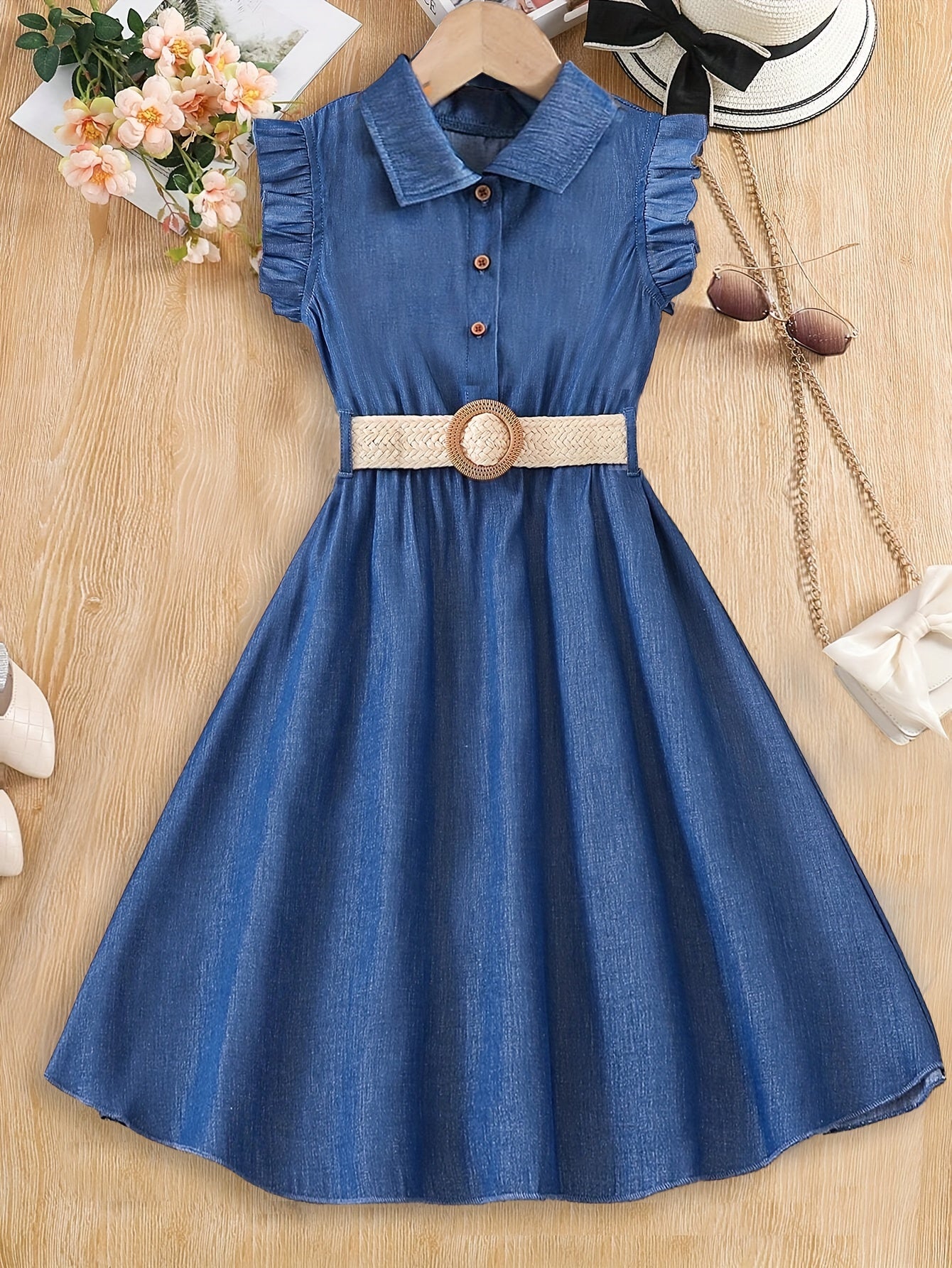 Girls Adorable Imitation Denim Frilled Sleeveless Dress - Chic Casual Style with Adjustable Belt for Trendy Little Fashionistas