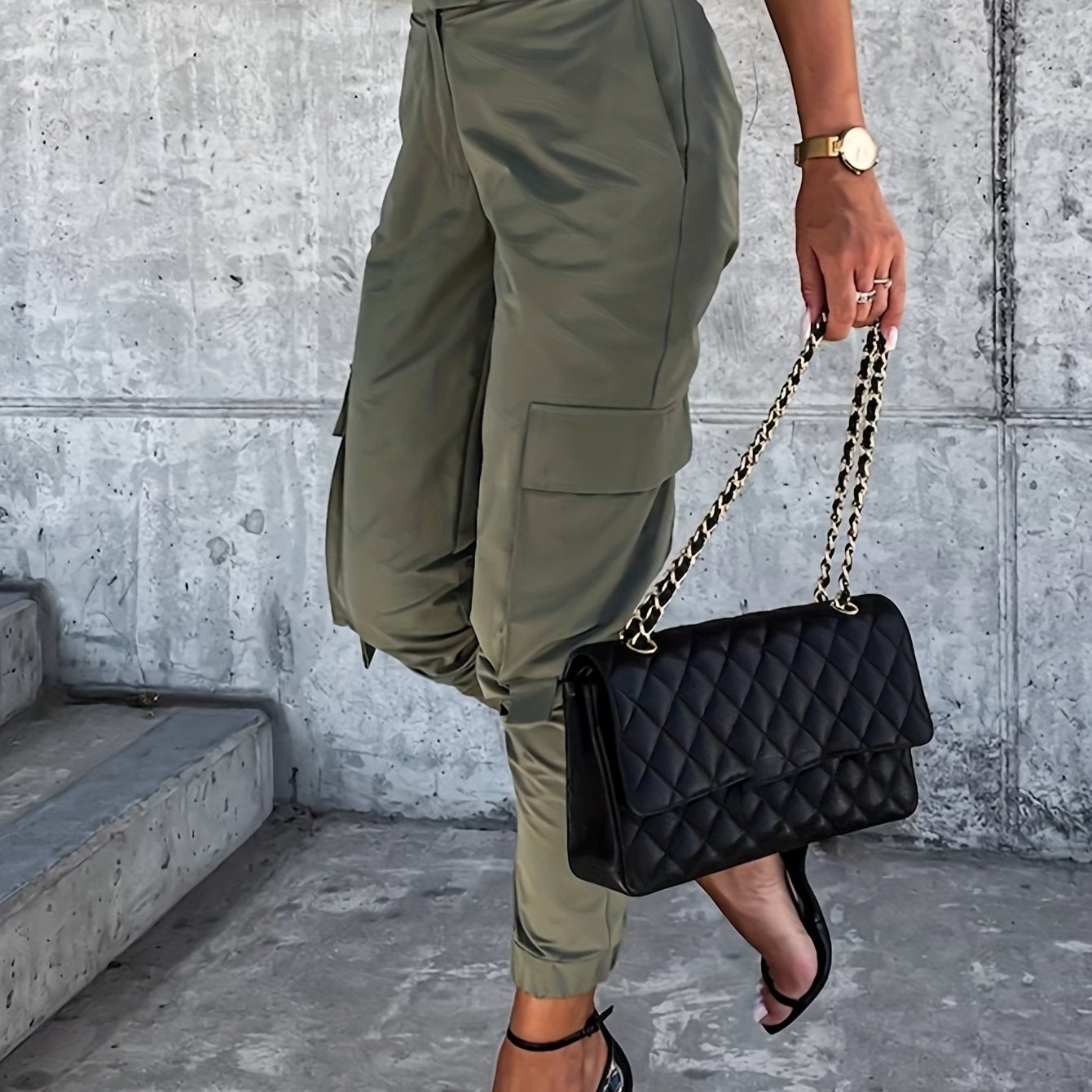 Solid Flap Pocket Jogger Cargo Pants, Vintage High Waist Fashion Pants, Women's Clothing