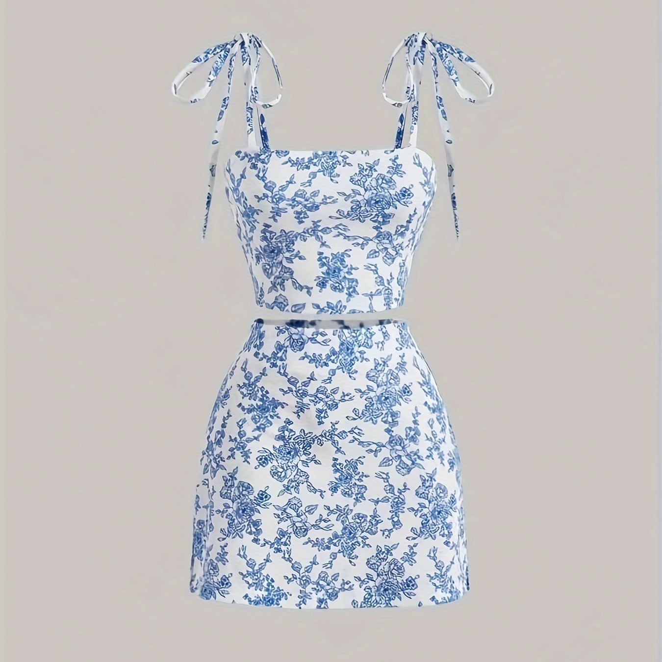 vlovelaw Floral Print Elegant Skirt Set, Tie Shoulder Crop Cami Top & High Waist A-line Bodycon Mini Skirt Outfits, Women's Clothing