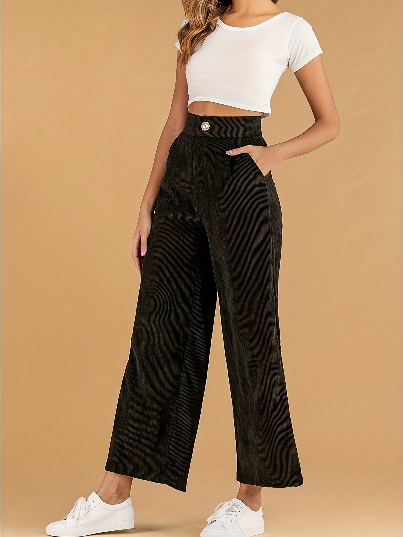 Solid Corduroy Wide Leg Pants, Casual High Waist Slant Pocket Pants, Women's Clothing