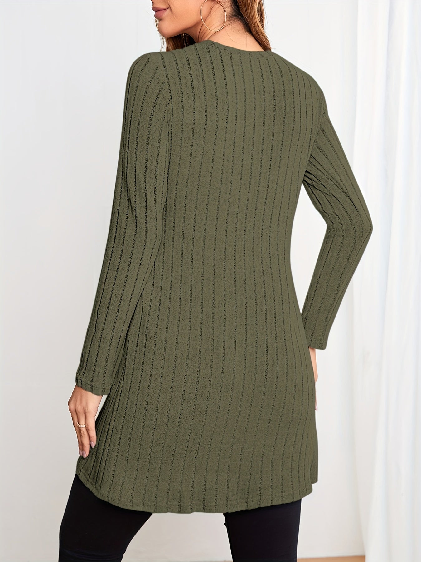 Ribbed Split T-shirt, Casual Solid Crew Neck Long Sleeve T-shirt, Women's Clothing