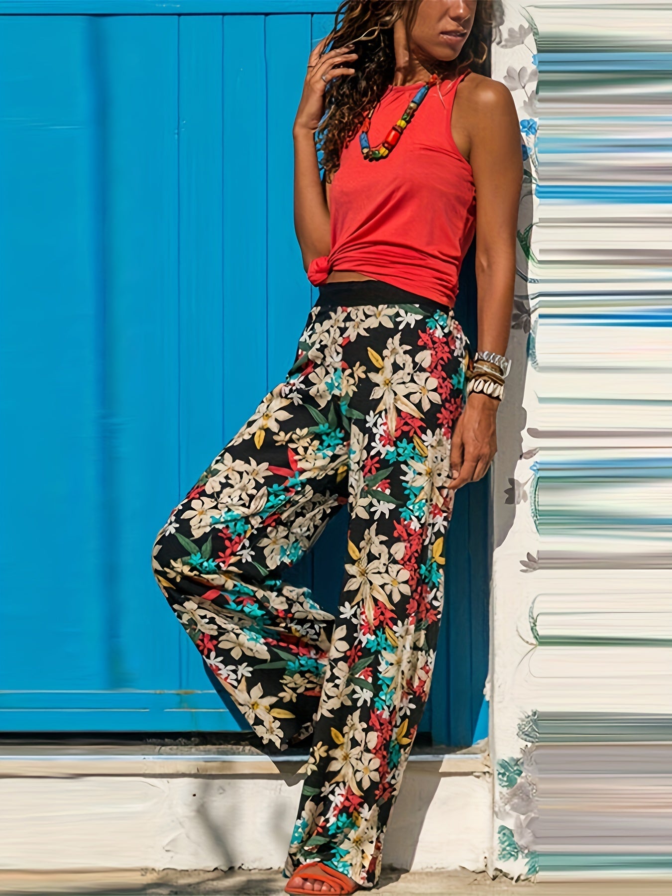 vlovelaw Plus Size Boho Pants, Women's Plus Damask Print High Rise Medium Stretch Straight Leg Pants