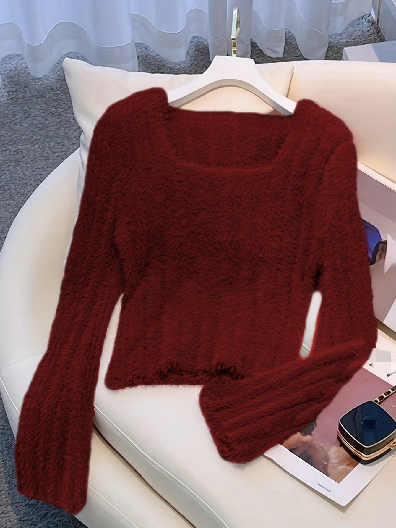 Solid Square Neck Pullover Sweater, Casual Long Sleeve Sweater, Women's Clothing