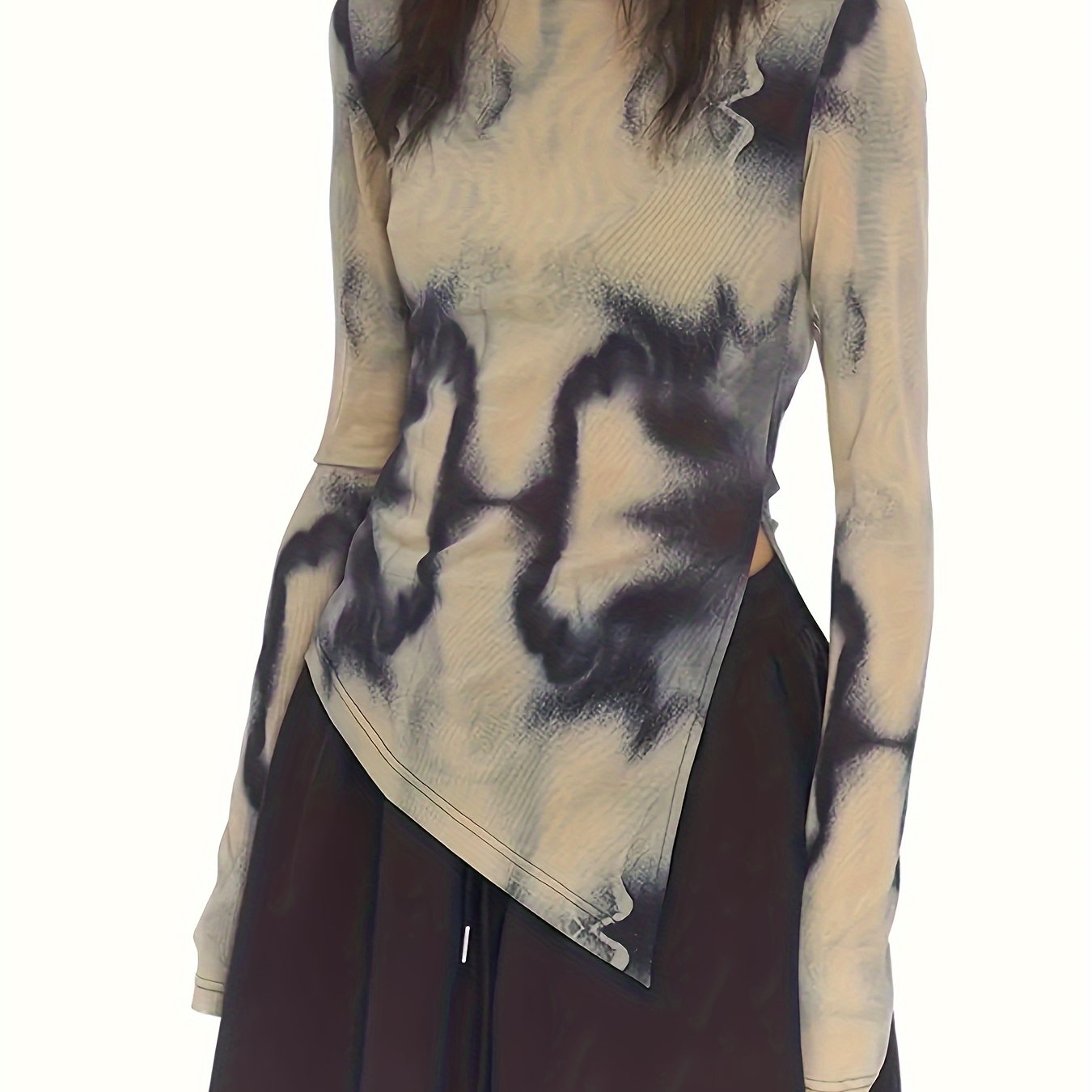 Tie Dye Print Crew Neck Slit T-Shirt, Casual Long Sleeve Top For Spring & Fall, Women's Clothing