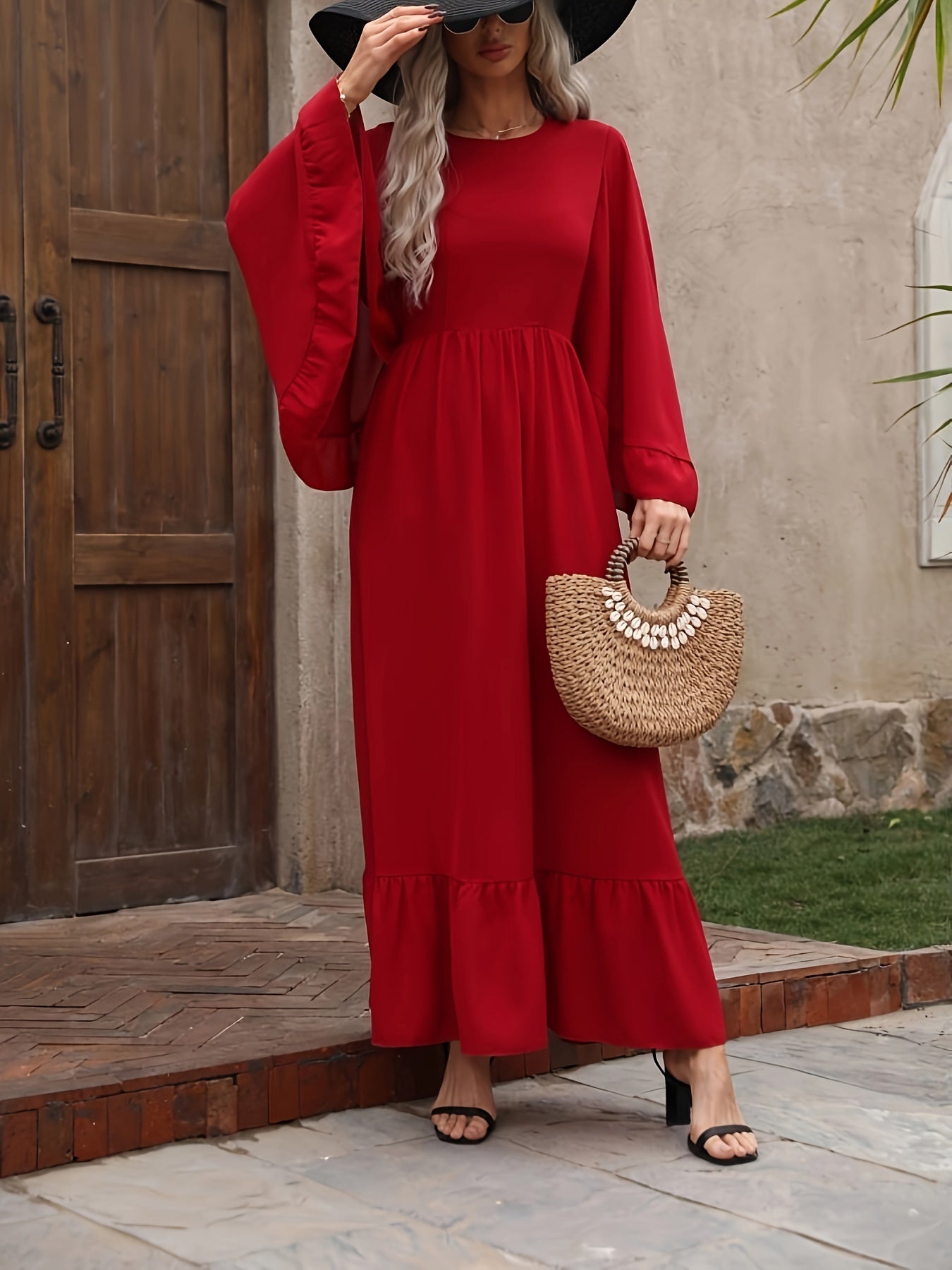 Solid Crew Neck Batwing Sleeve Dress, Cinched Waist Ruffle Hem A-line Dress, Women's Clothing