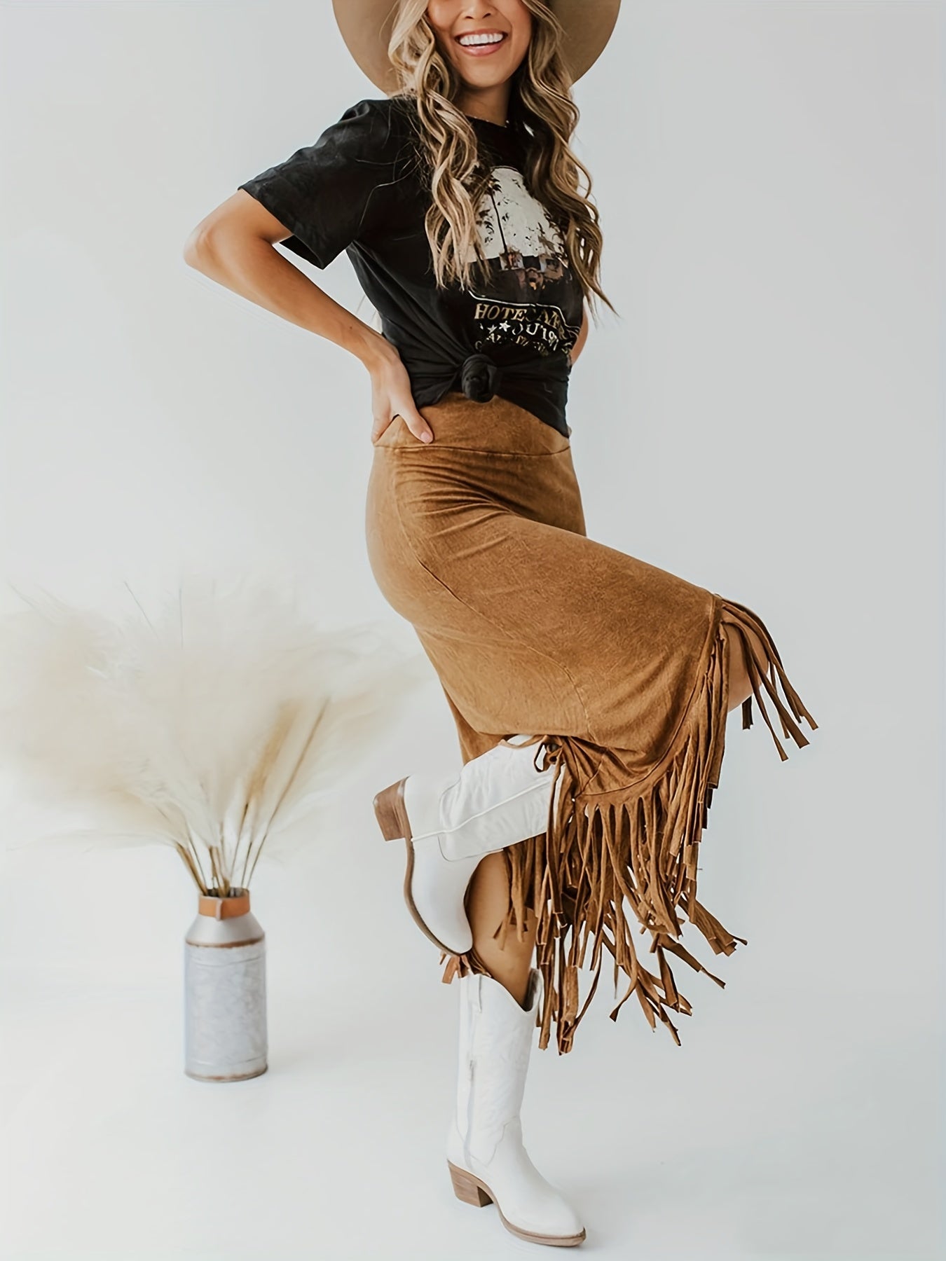 Tassel High Waist Skirts, Vintage Solid Midi Skirts For Spring & Fall, Women's Clothing
