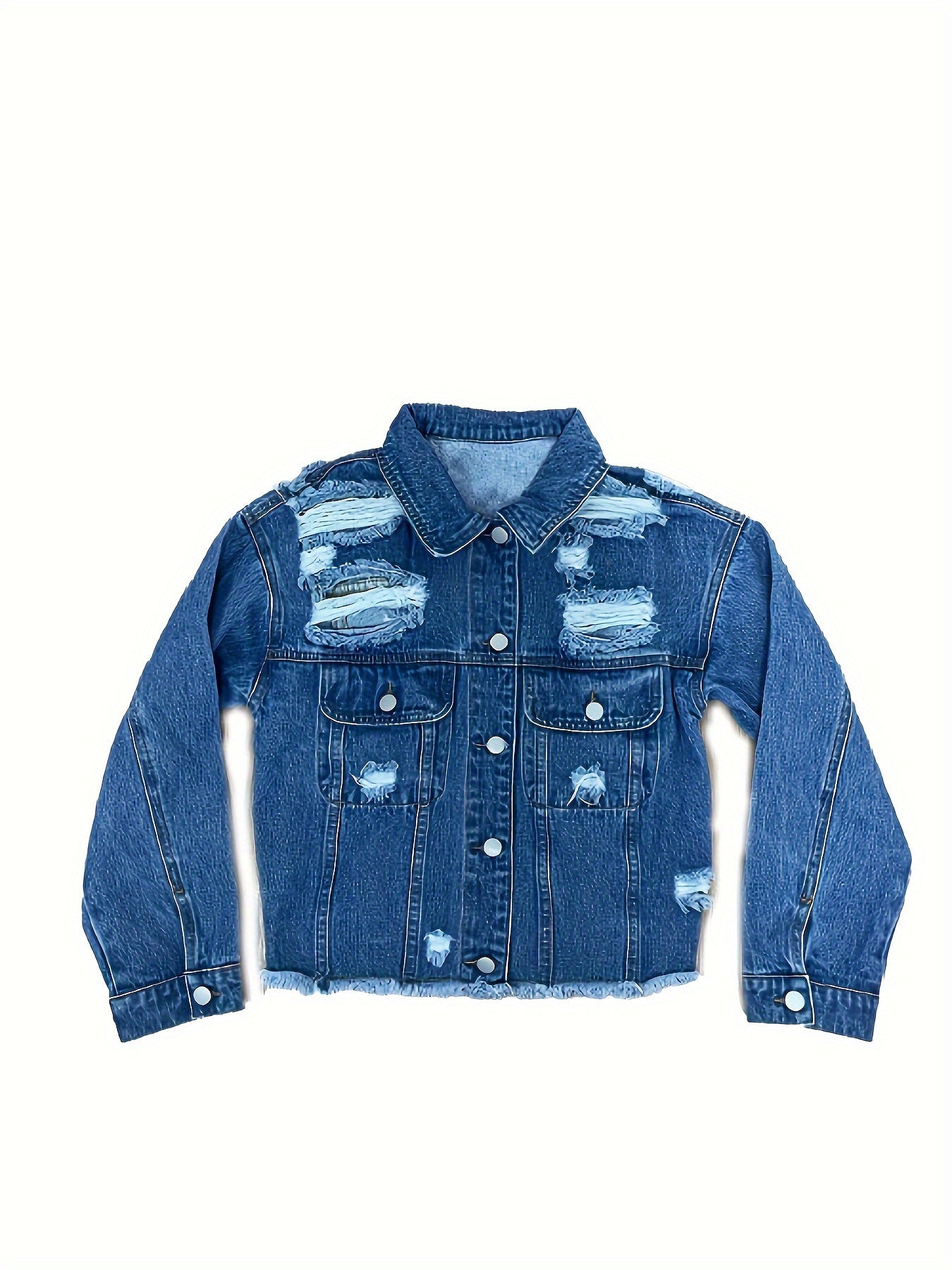 vlovelaw Ripped Holes Long Sleeves Denim Jacket, Flap Pocket Raw Hem Washed Lapel Denim Coat, Women's Denim Clothing