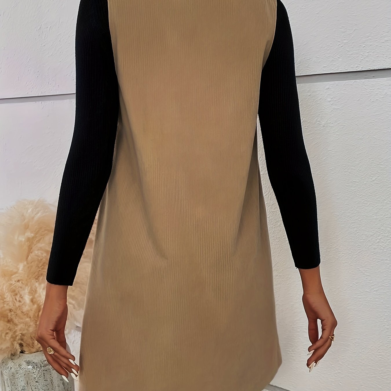 vlovelaw French Solid V Neck Corduroy Dress, Casual Sleeveless Mini Dress For Spring & Fall, Women's Clothing