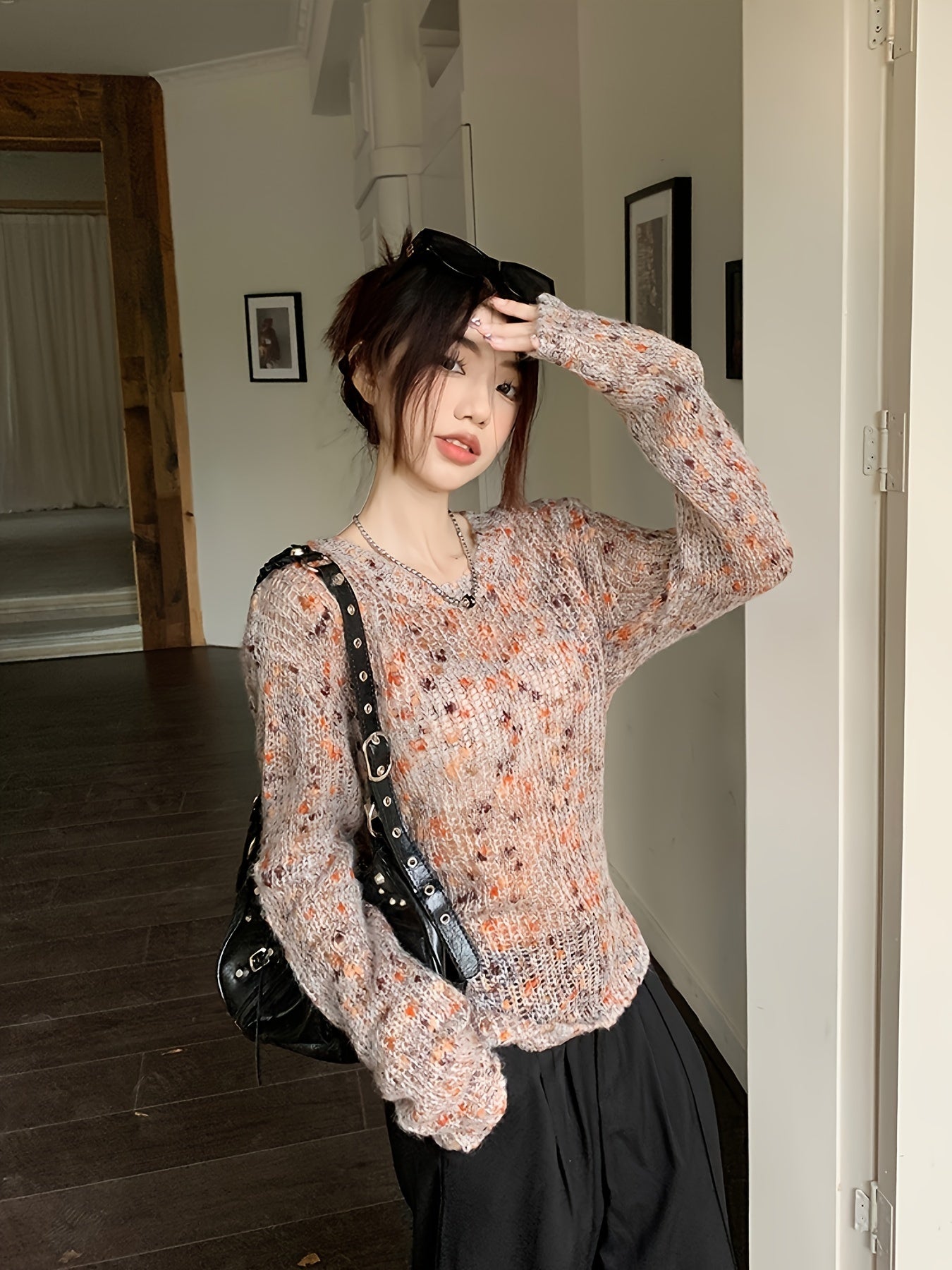 vlovelaw Colorful Dot Crew Neck Pullover Sweater, Casual Tied Back Long Sleeve Thin Knit Sweater, Women's Clothing