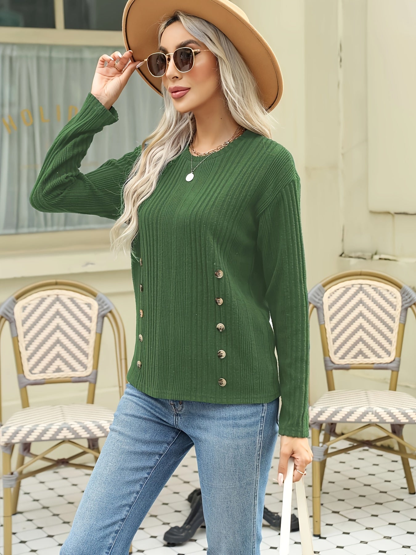vlovelaw Ribbed Button Decor Crew Neck T-Shirt, Casual Long Sleeve Top For Spring & Fall, Women's Clothing