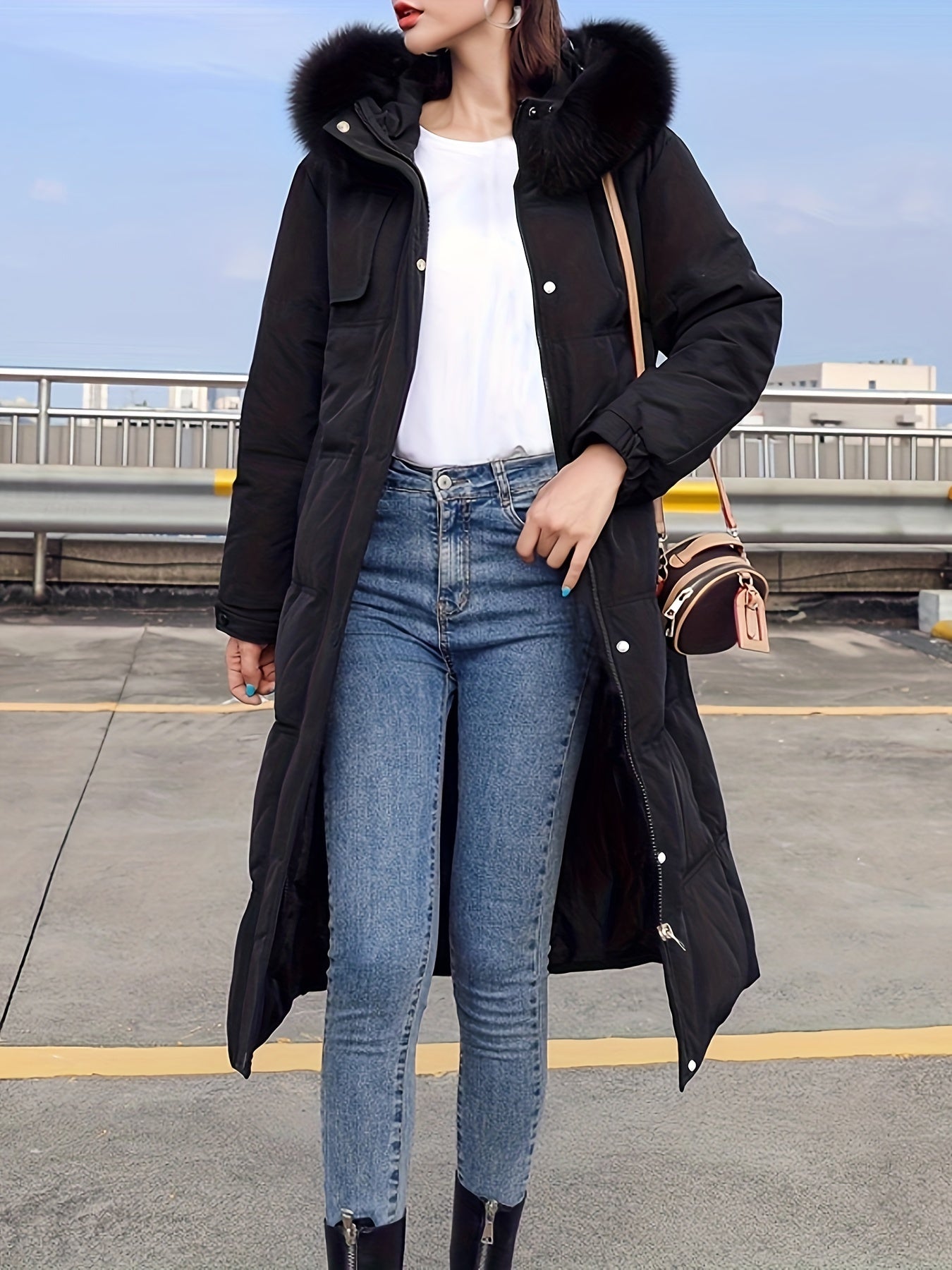 Fluffy Trim Long Length Coat, Casual Solid Long Sleeve Winter Warm Outerwear, Women's Clothing