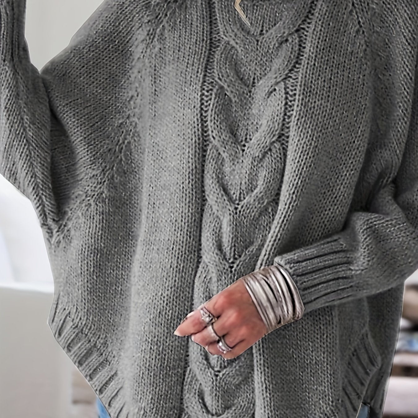 Cable Mock Neck Sweater, Vintage Batwing Sleeve Curved Hem Sweater, Women's Clothing