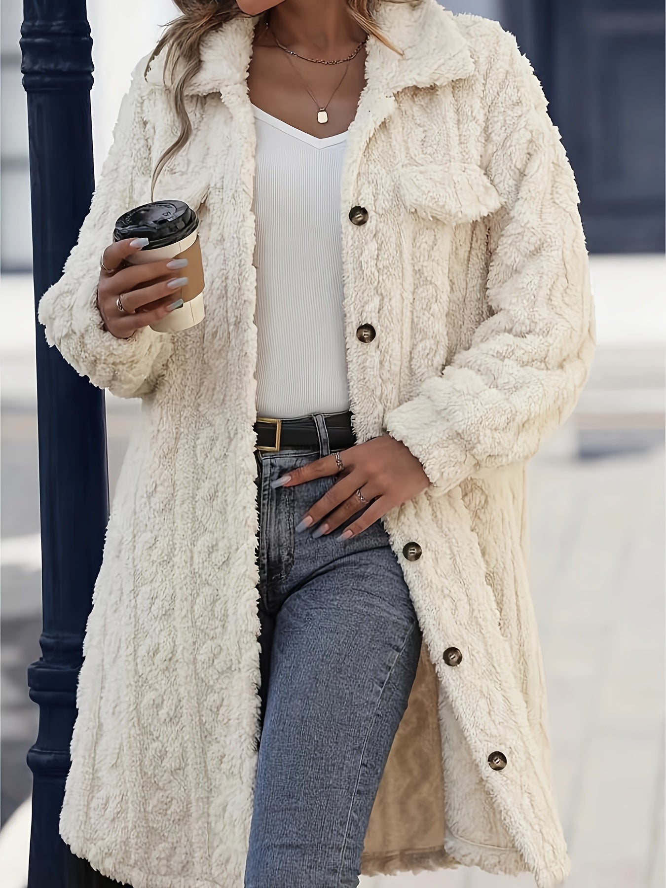 vlovelaw Solid Fuzzy Single Breasted Coat, Casual Long Sleeve Winter Warm Outerwear, Women's Clothing