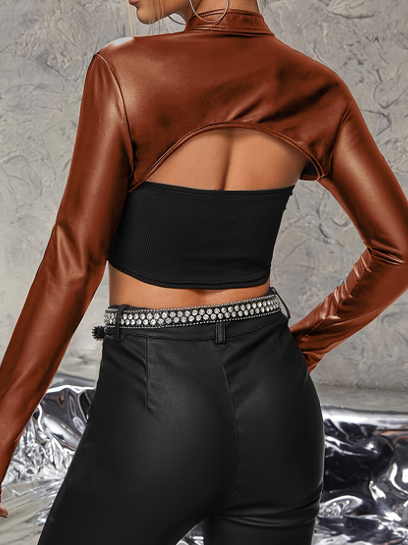 vlovelaw Solid Faux Leather Crop Top, Vintage Long Sleeve Crop Top For Spring & Fall, Women's Clothing