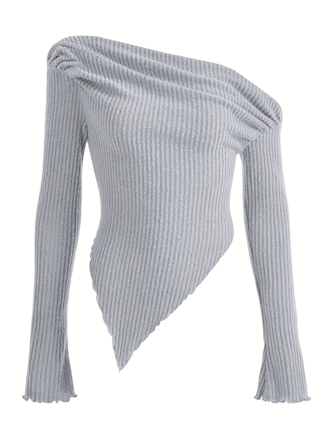 vlovelaw Solid Ruched Asymmetrical Neck T-Shirt, Casual Hanky Hem Long Sleeve Top For Spring & Fall, Women's Clothing