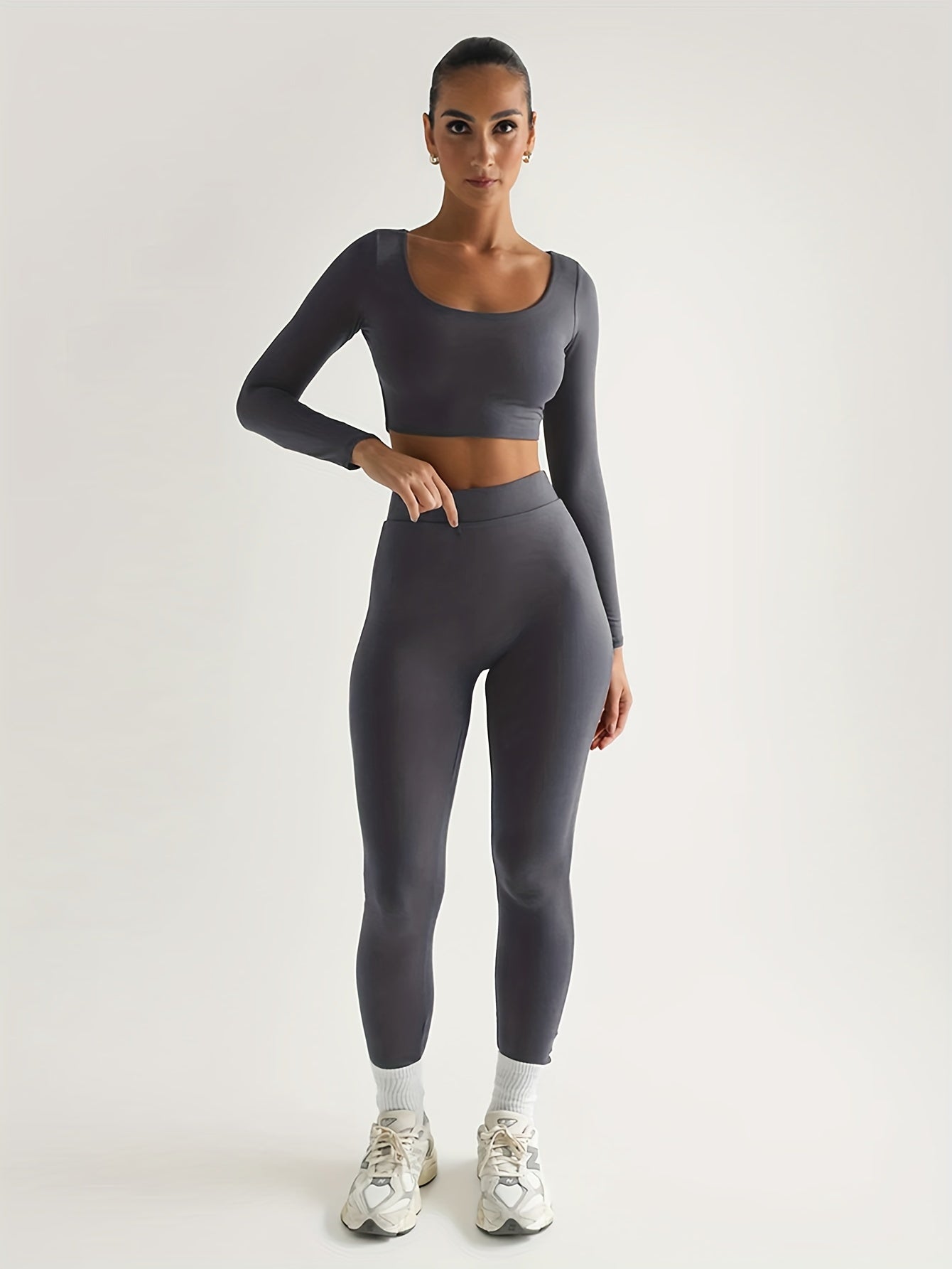 vlovelaw Solid Color Spring Casual Two-piece Set, U Neck Long Sleeve Crop Top & Skinny Pants Outfits, Women's Clothing