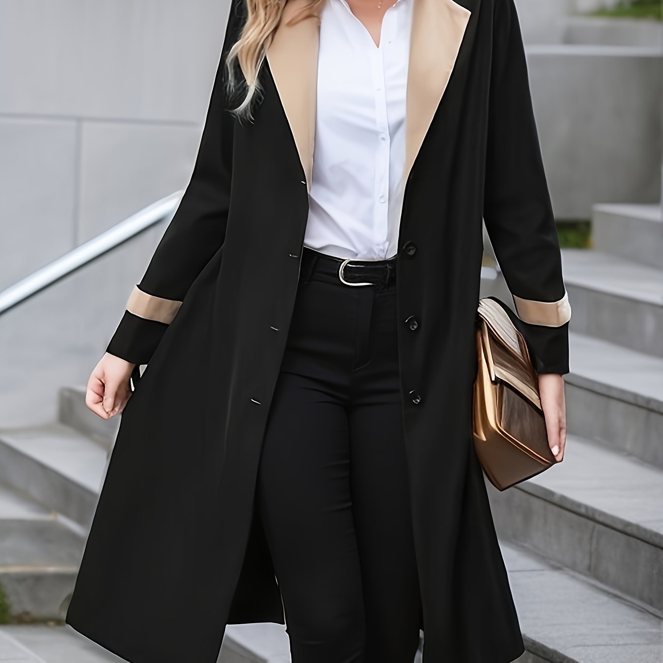 vlovelaw Button Front Contrast Trim Trench Coat, Casual Long Sleeve Trench Coat, Women's Clothing